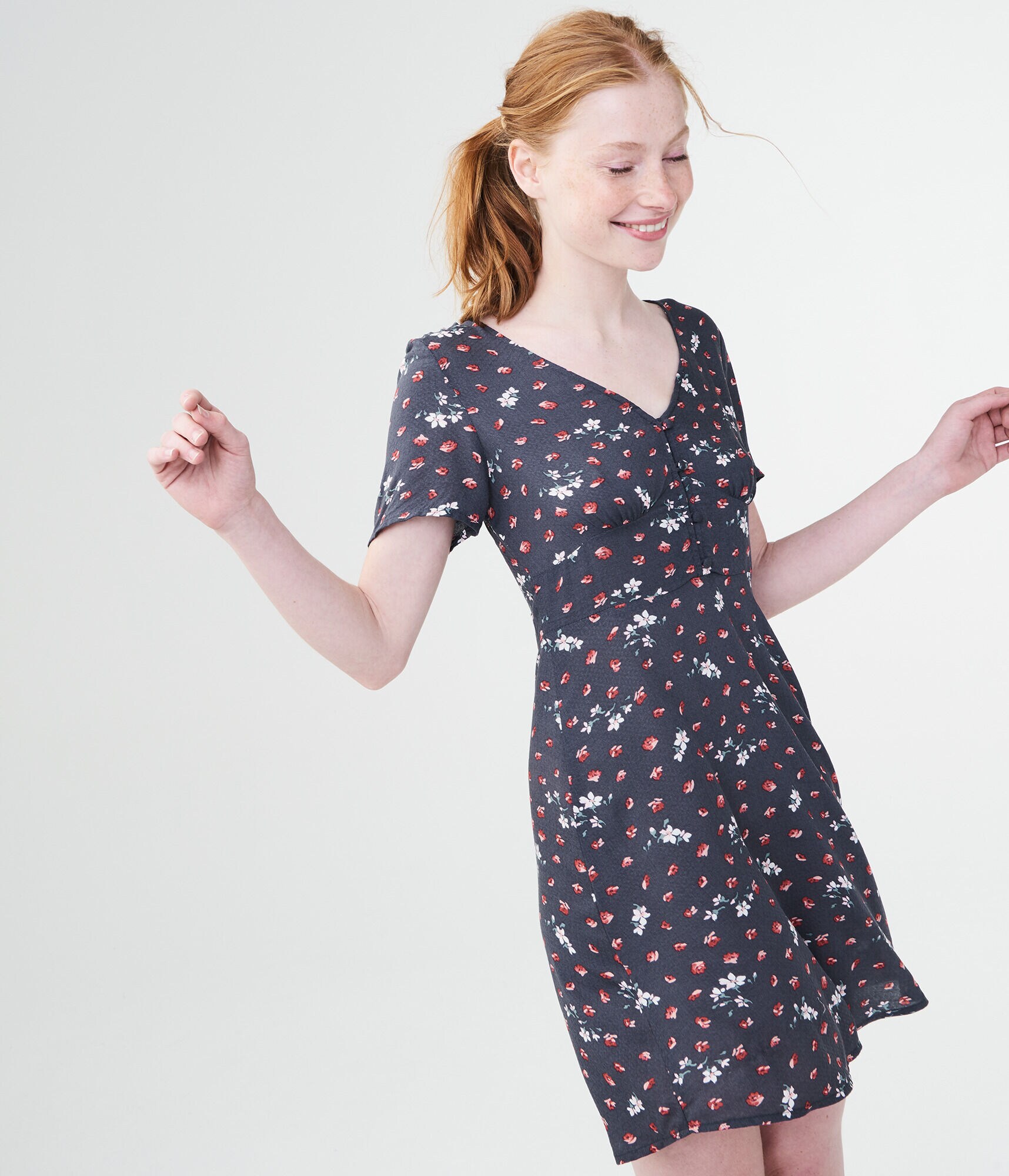 Printed V-Neck Button-Front Shirt Dress