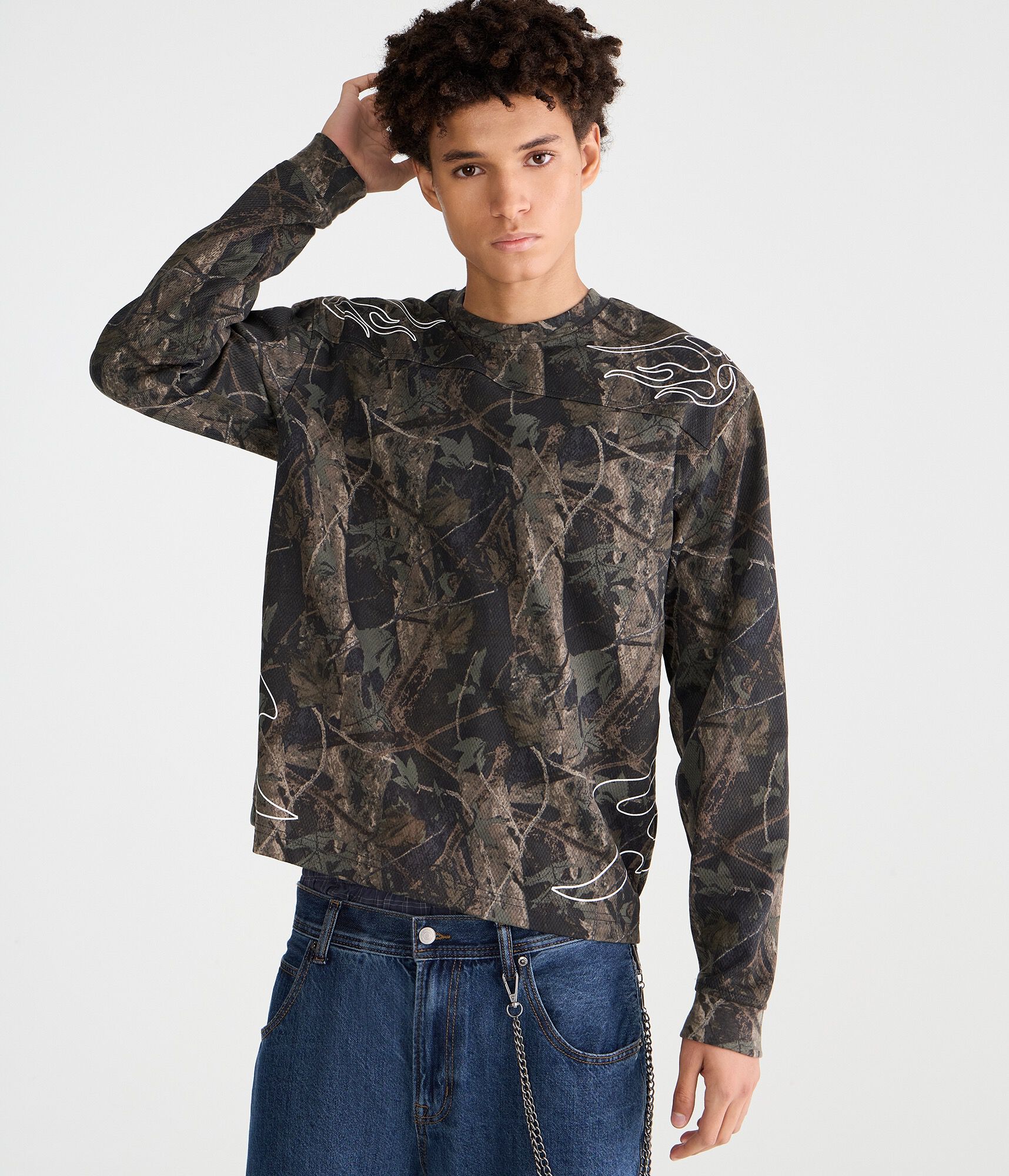 Long Sleeve Forest Camo Tribal Tattoo Boxy Mesh Jersey
