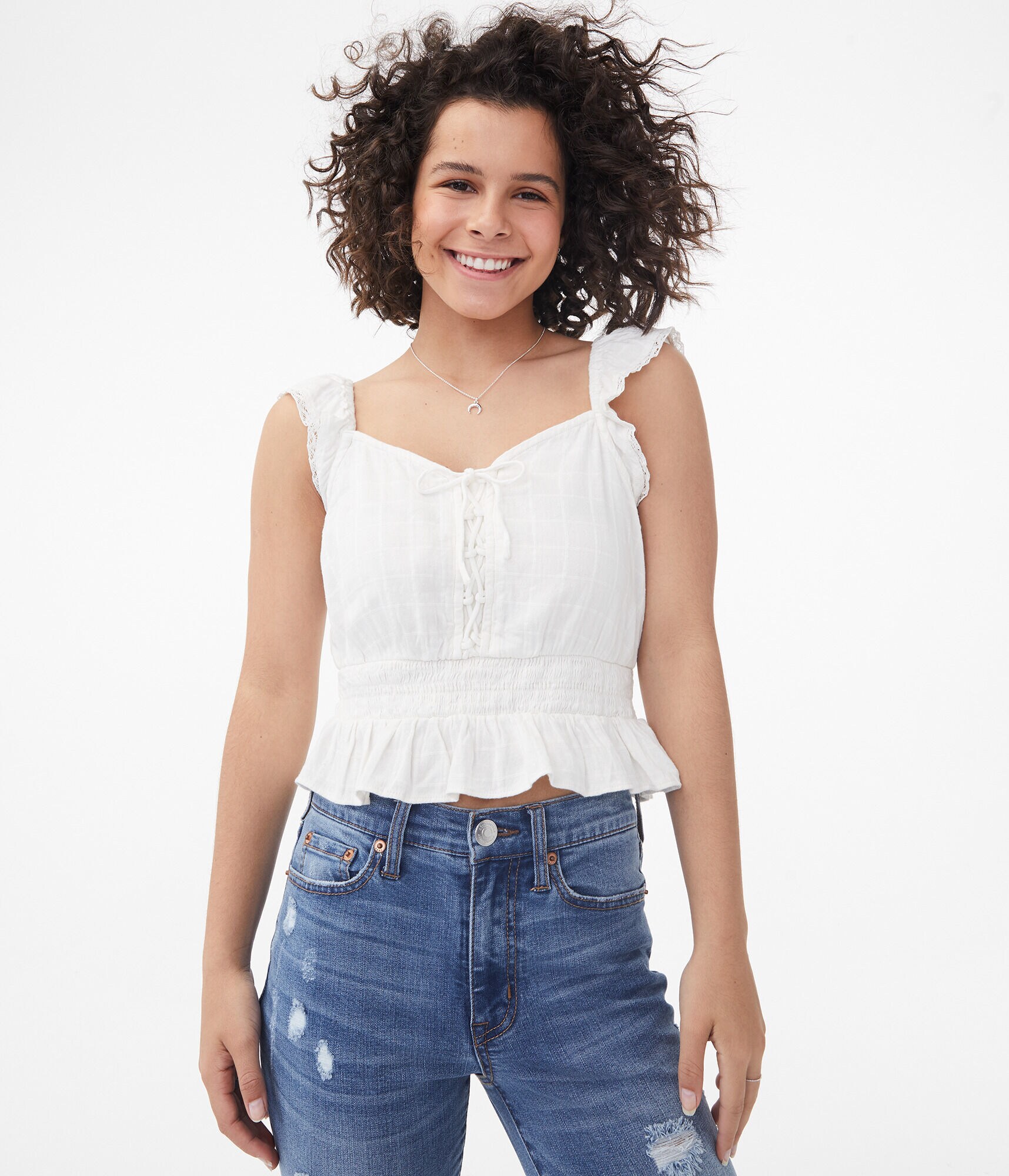 Lace-Up Smocked Peplum Cropped Tank