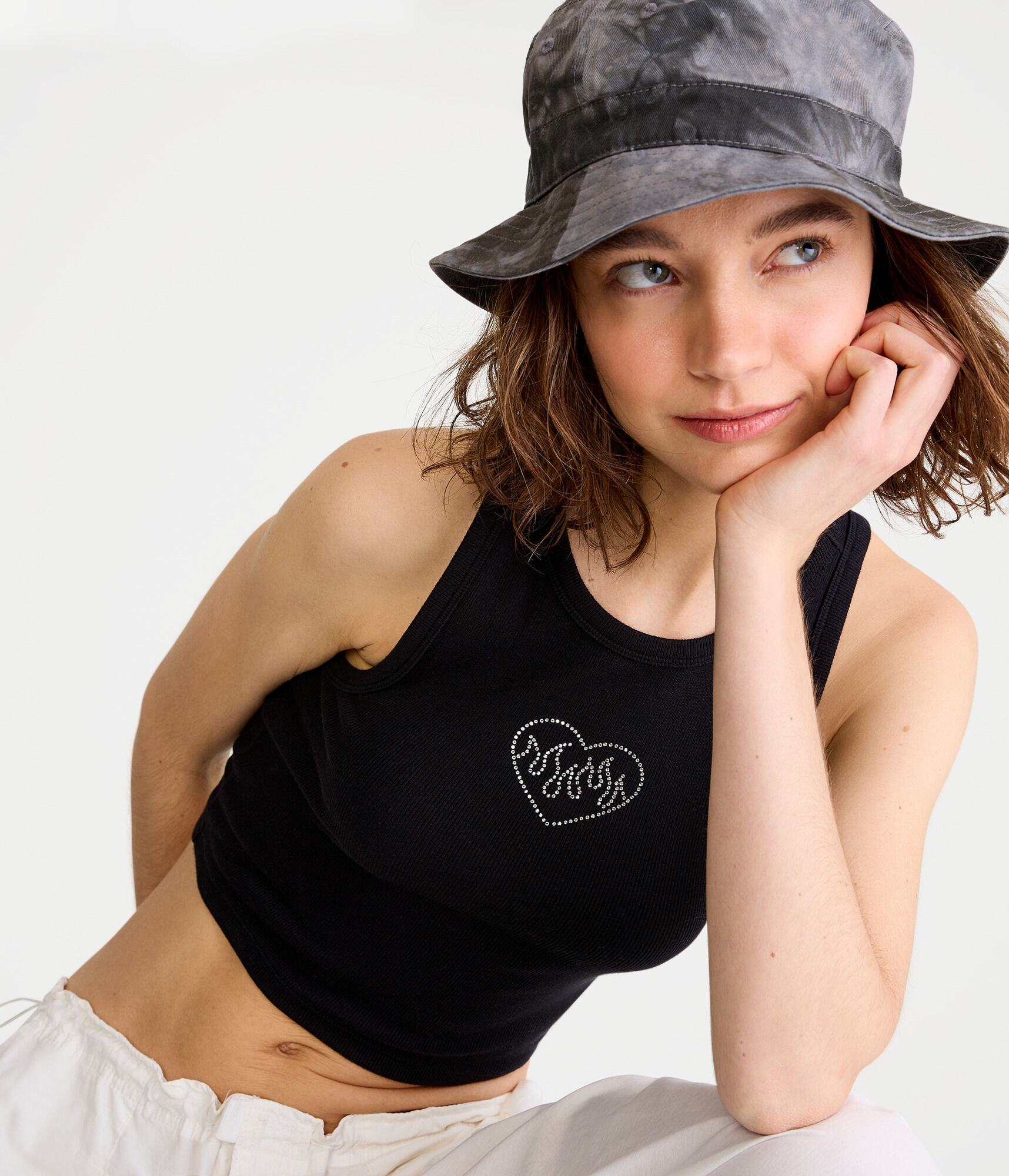 Rhinestone Heart High-Neck Cropped Tank