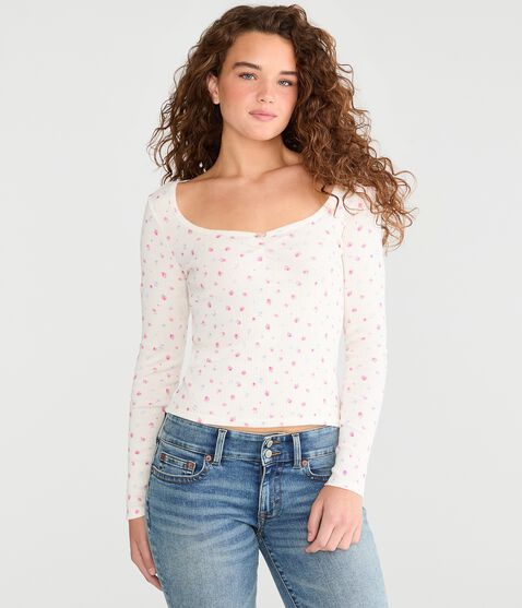 Long Sleeve Seriously Soft Floral Cinch-Front Tee Long Sleeve Seriously Soft Floral Cinch-Front Tee