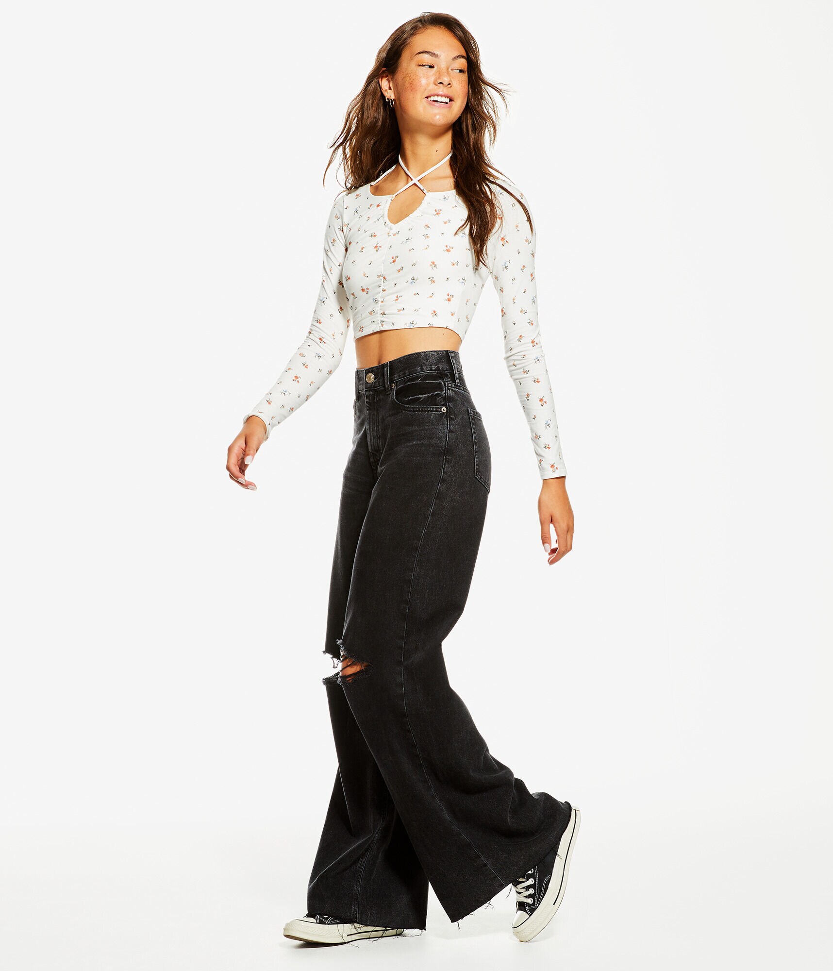 Long Sleeve Floral Convertible Cropped Tiny Top