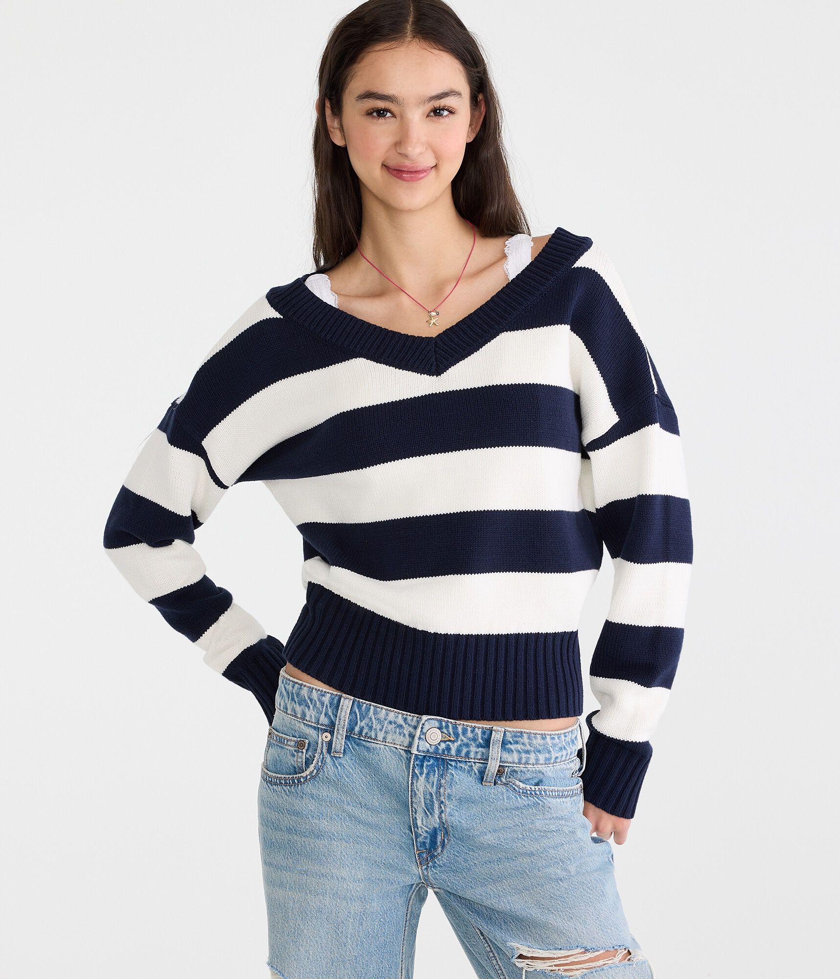 Striped Slouchy V-Neck Sweater