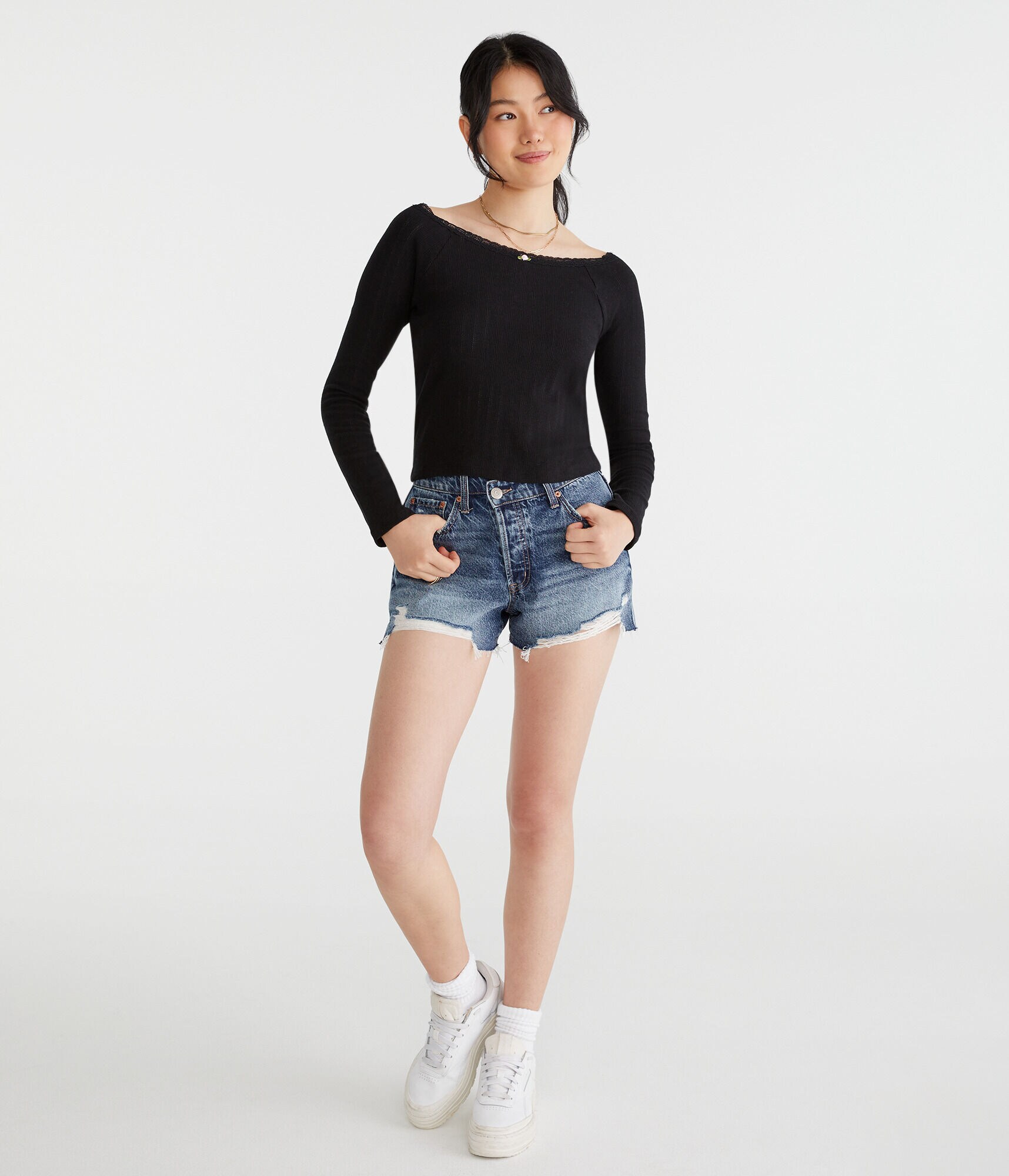 Long Sleeve Pointelle Open-Neck Tee