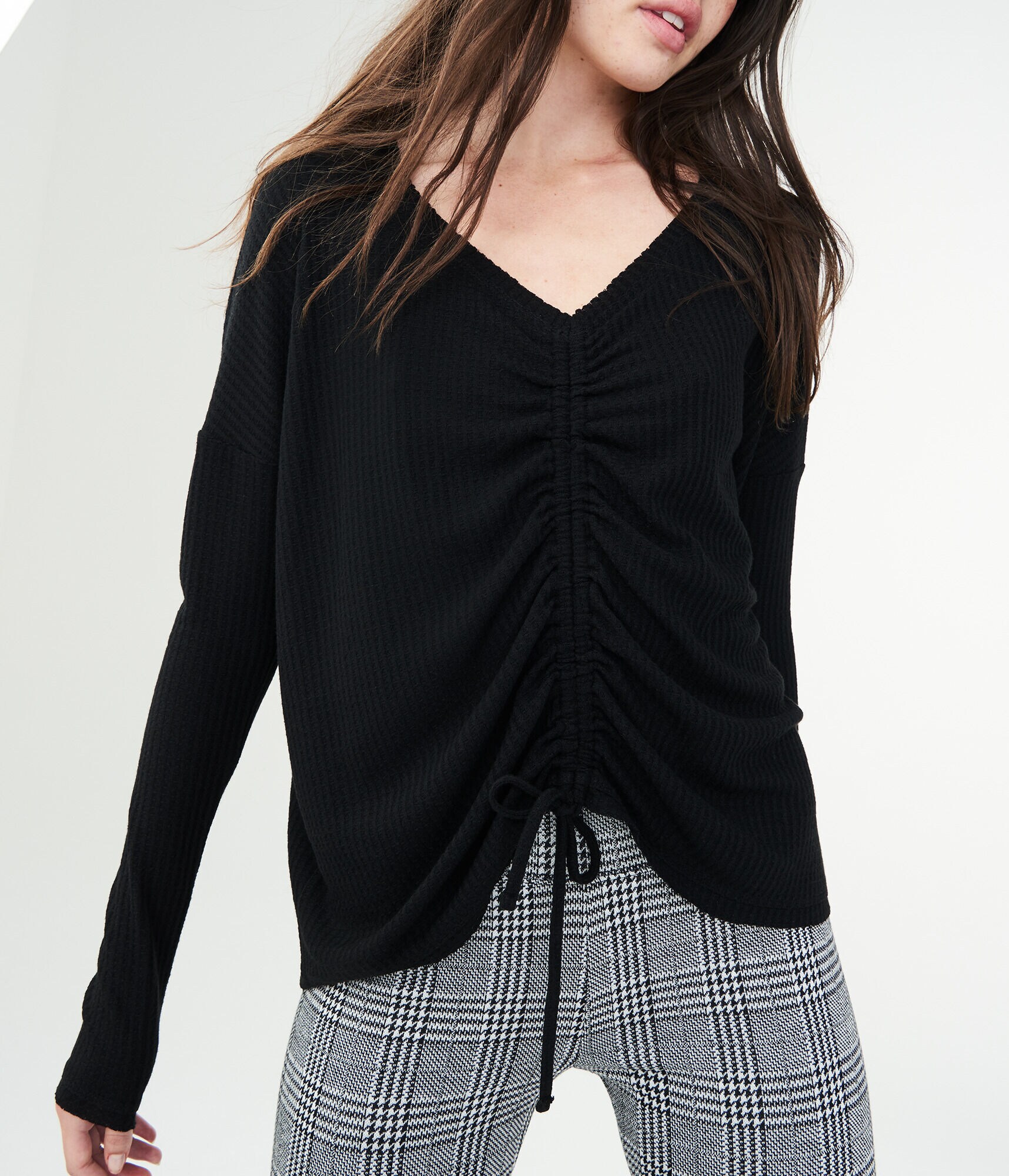 Long Sleeve Ruched Waffle-Knit Top