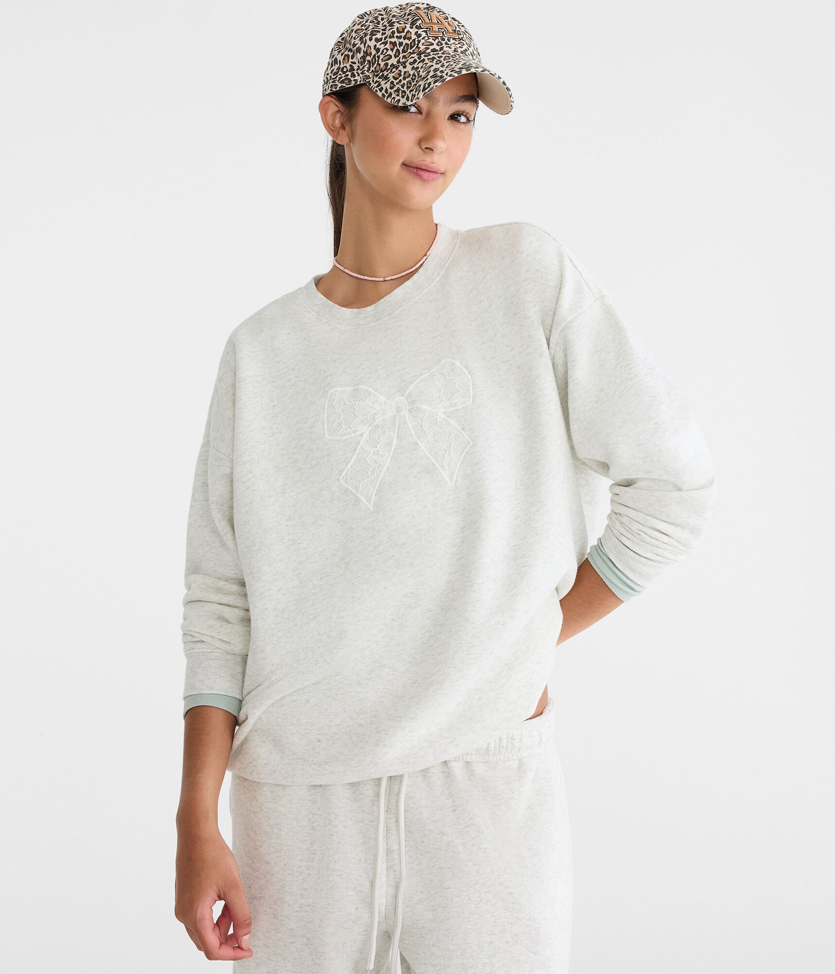 Cloud Soft Lace Bow Oversized Crew Sweatshirt
