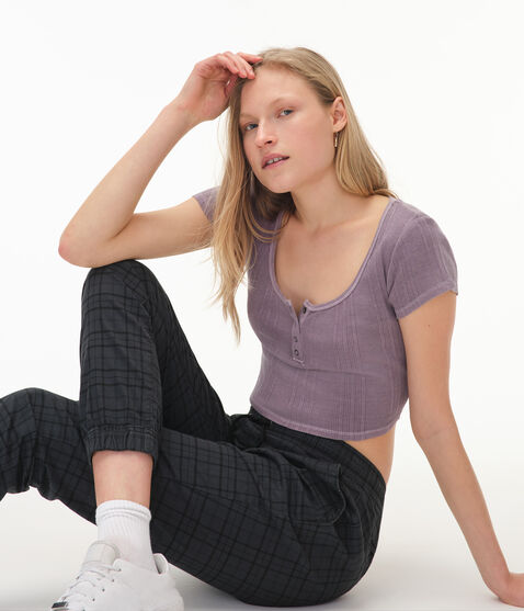 Washed Cropped Snap Henley Tee Washed Cropped Snap Henley Tee