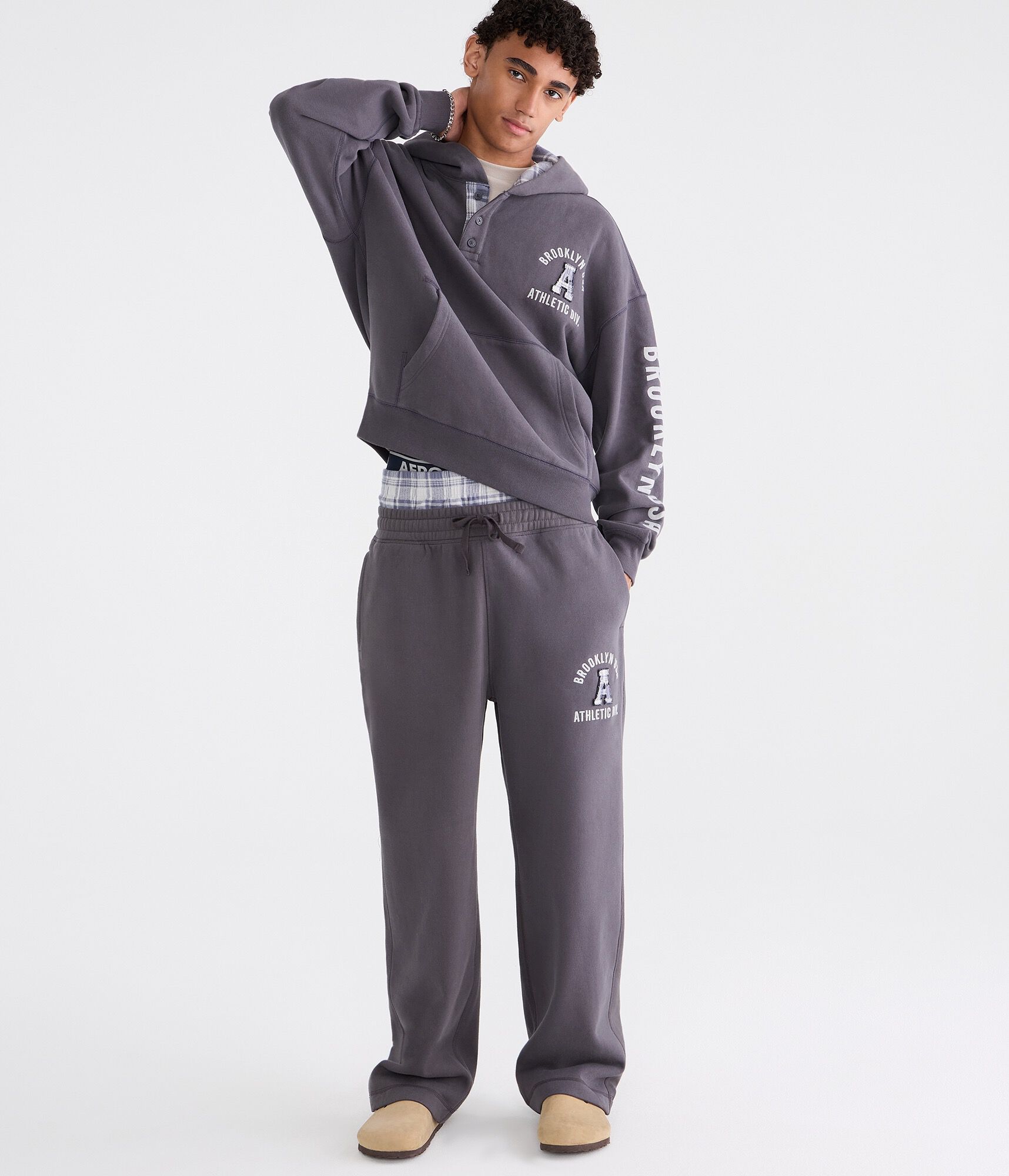 Cloud Soft Brooklyn Plaid Layered Waistband Baggy Sweatpants