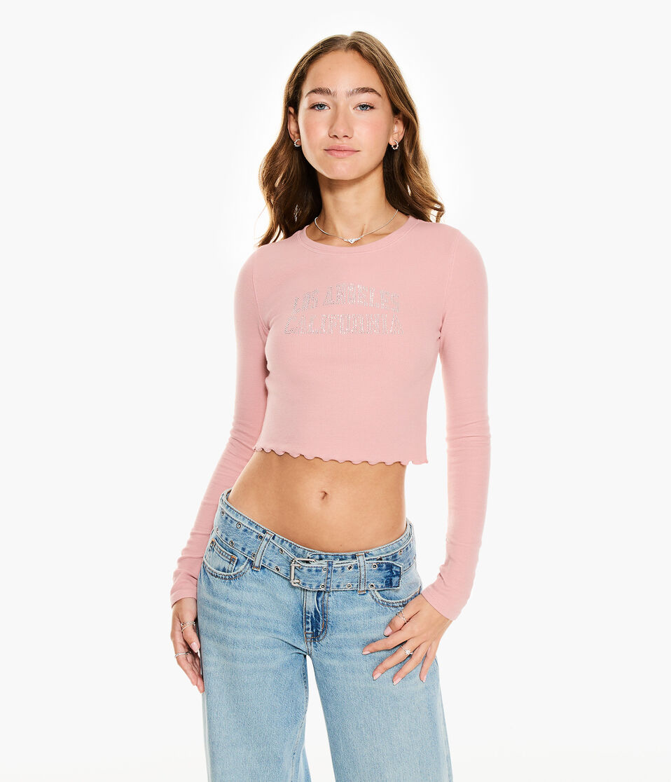 Long Sleeve LA Rhinestone Cropped Baby Tee