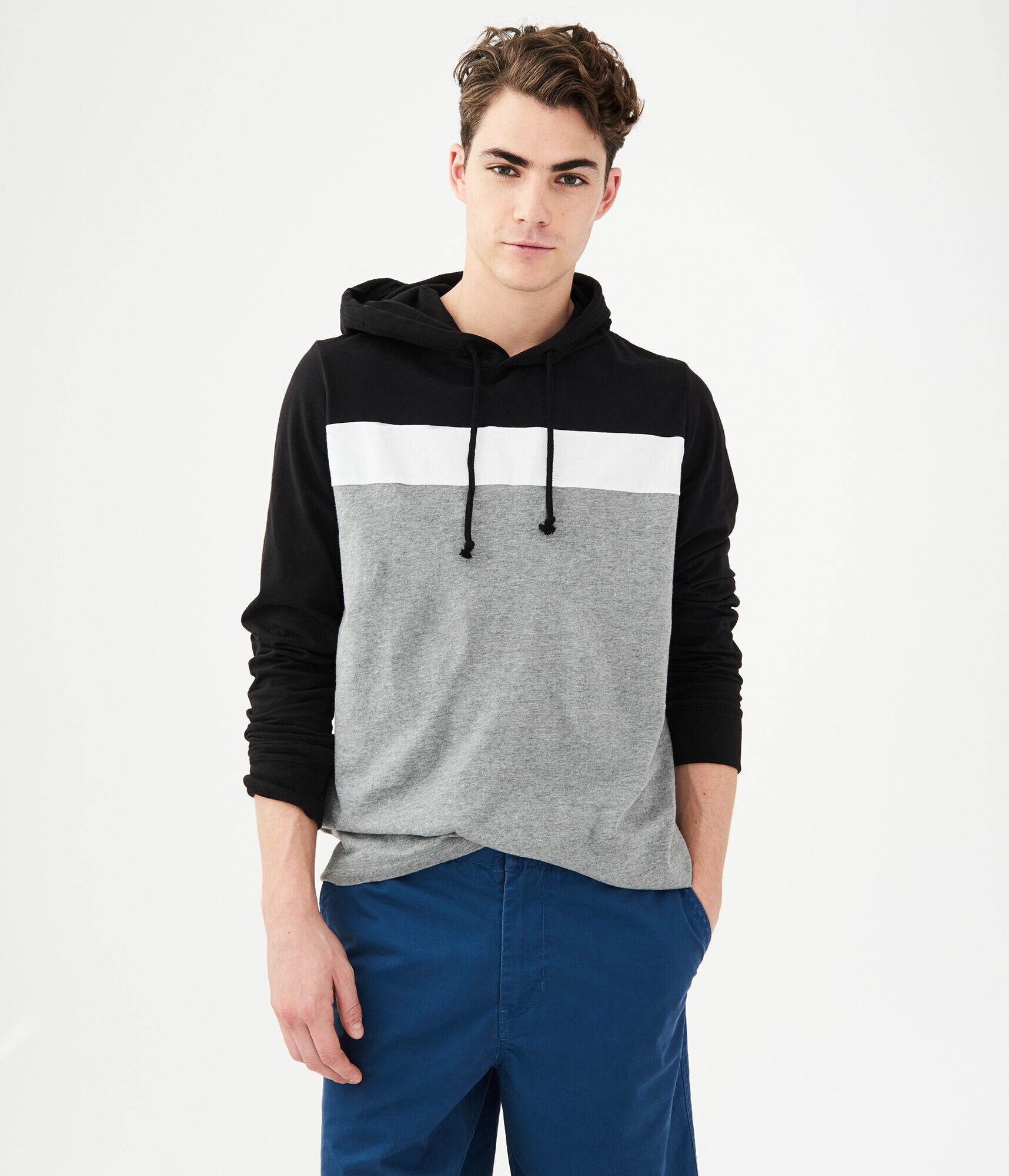 Long Sleeve Chest Stripe Hooded Tee