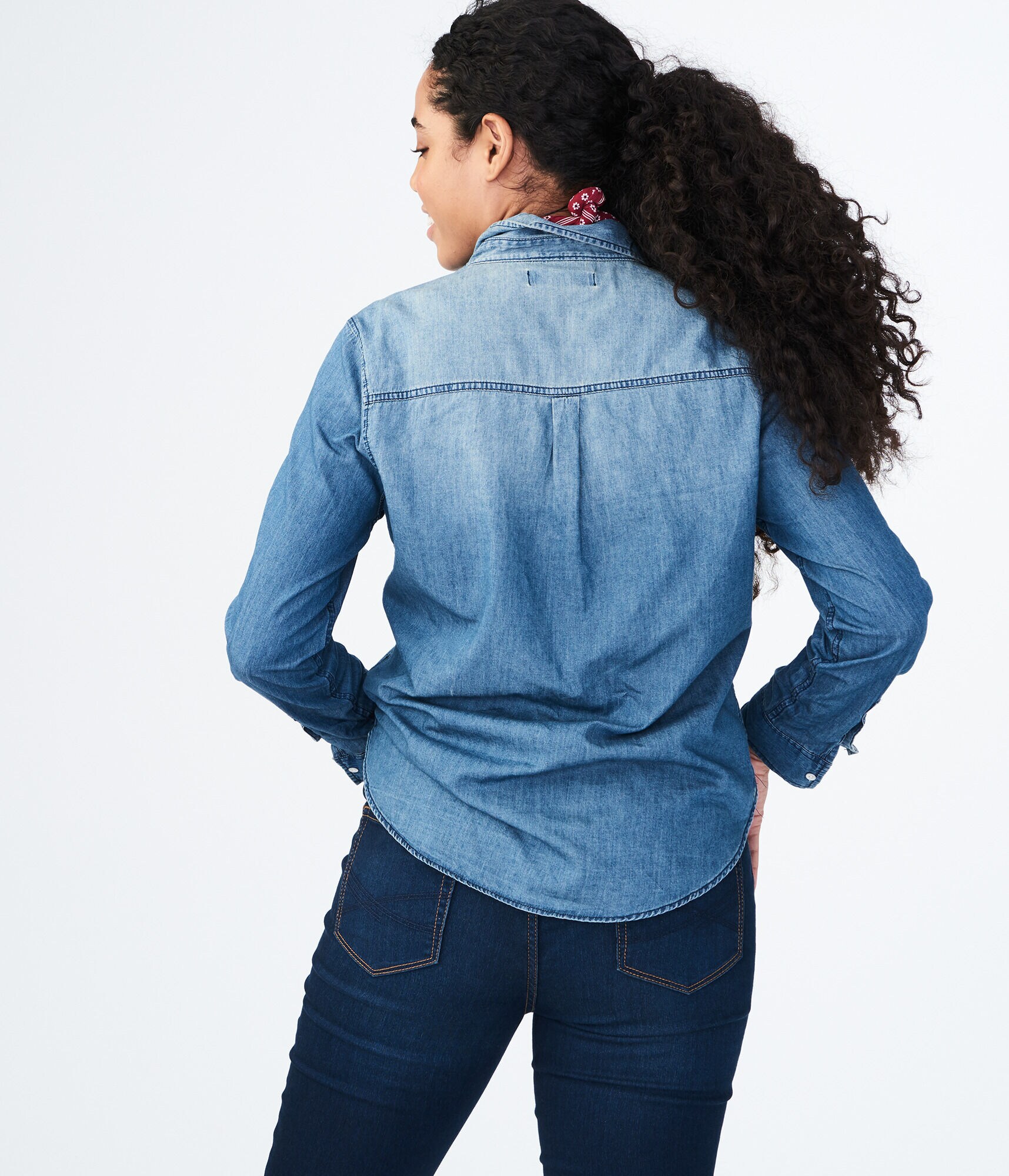 Long Sleeve Medium Wash Chambray Woven Shirt