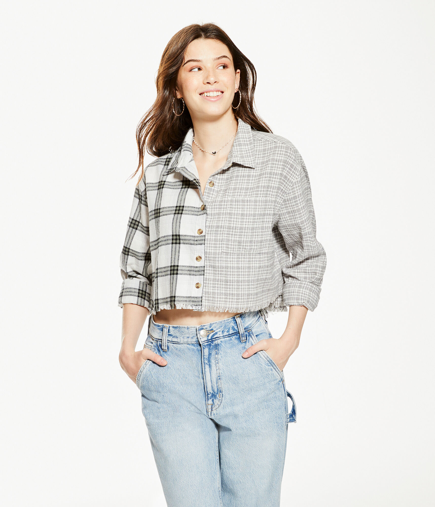 Long Sleeve Spliced Plaid Cropped Flannel Button-Down Shirt