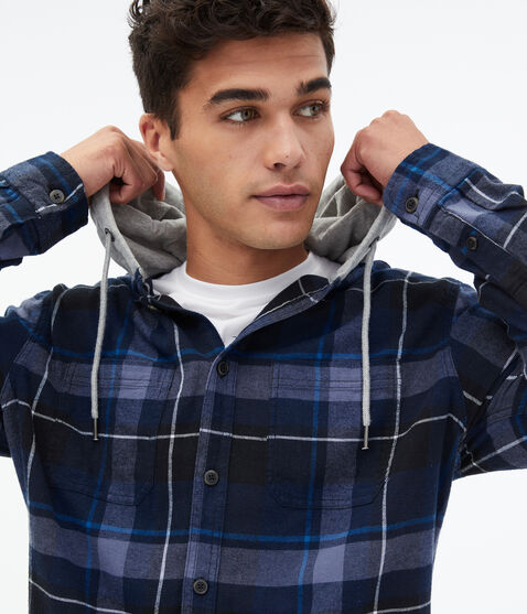 Long Sleeve Hooded Flannel Button-Down Shirt