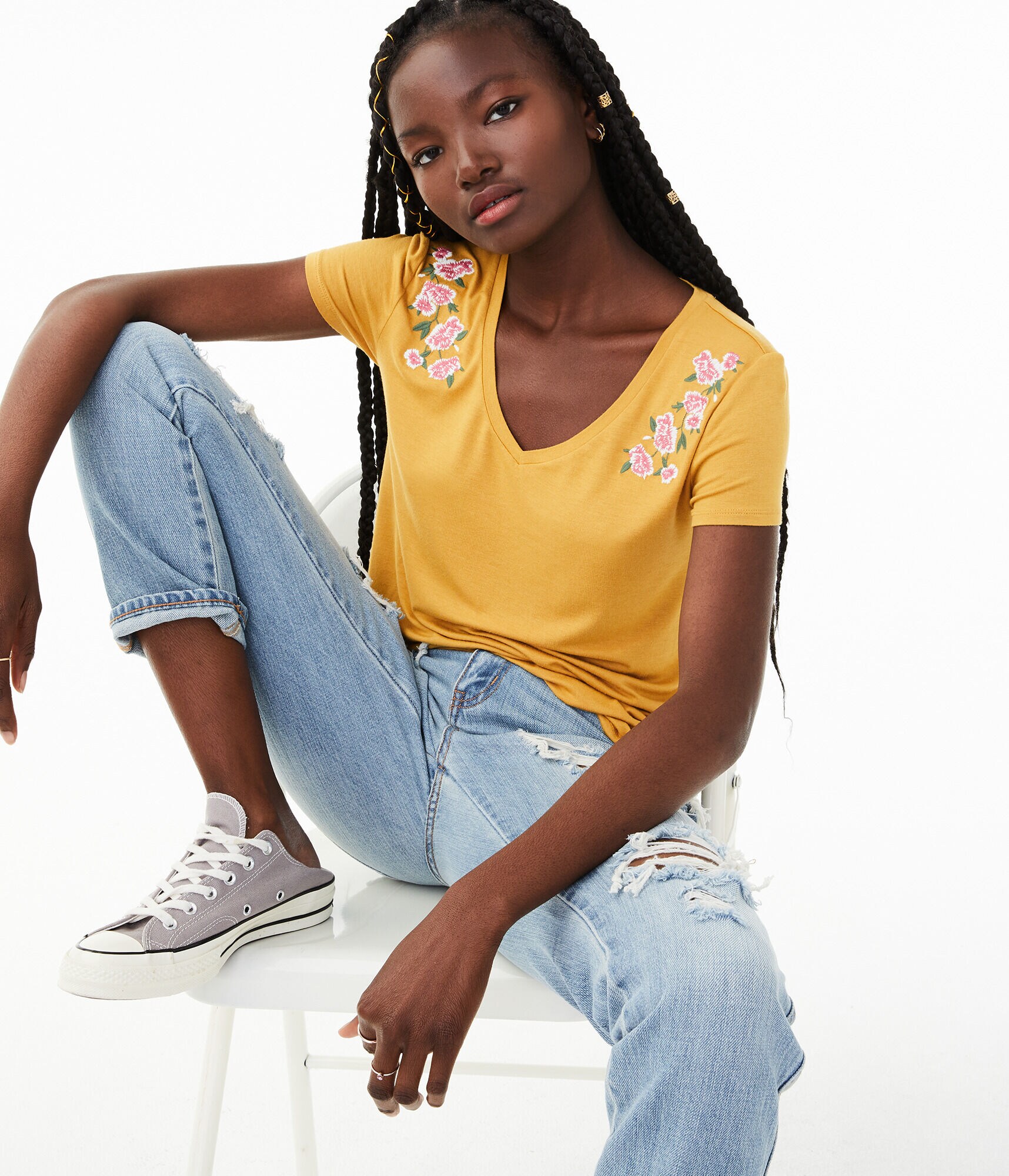 Seriously Soft Floral Embroidered V-Neck Tee