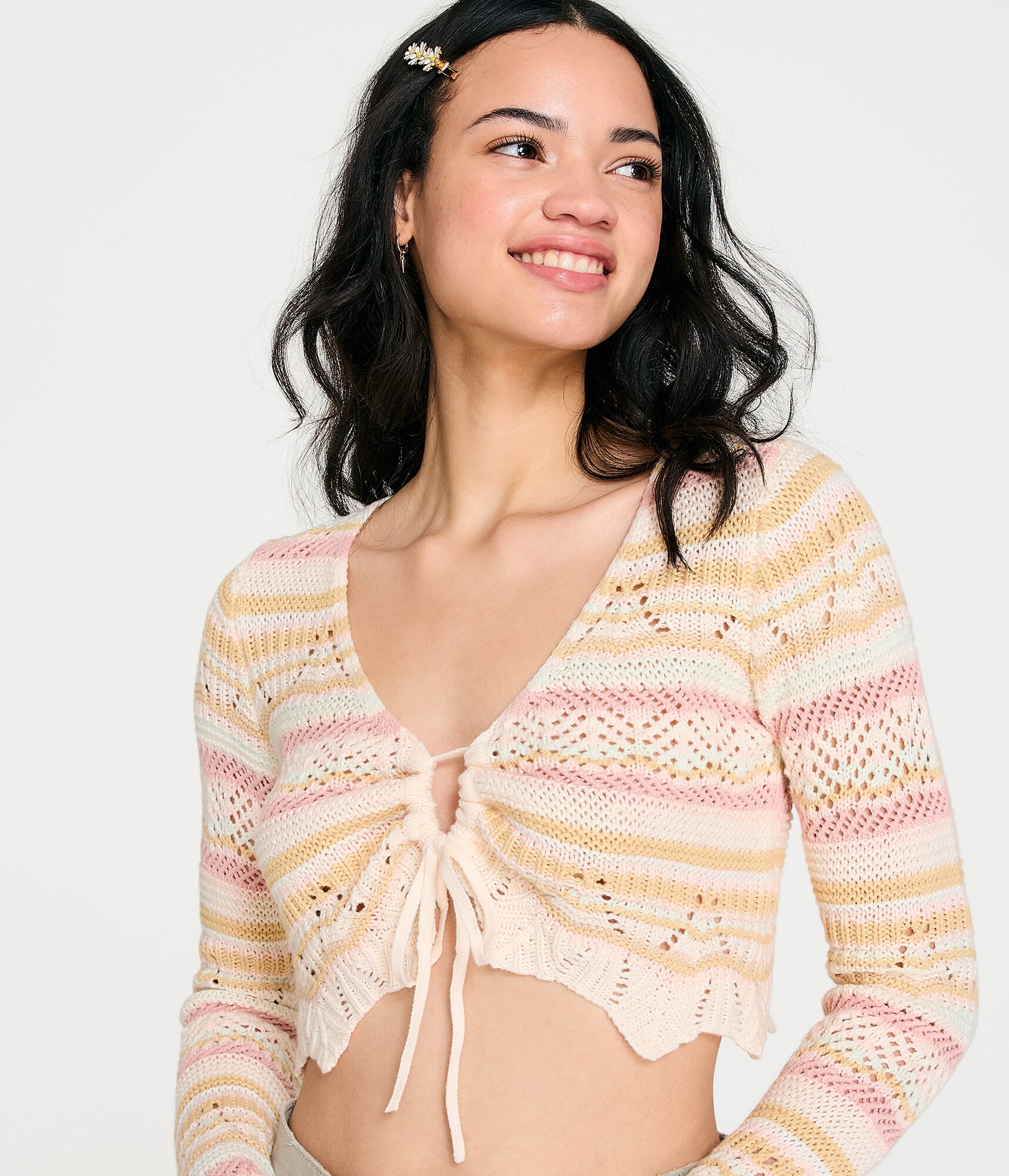 Long Sleeve Striped Keyhole Pointelle Crop Top