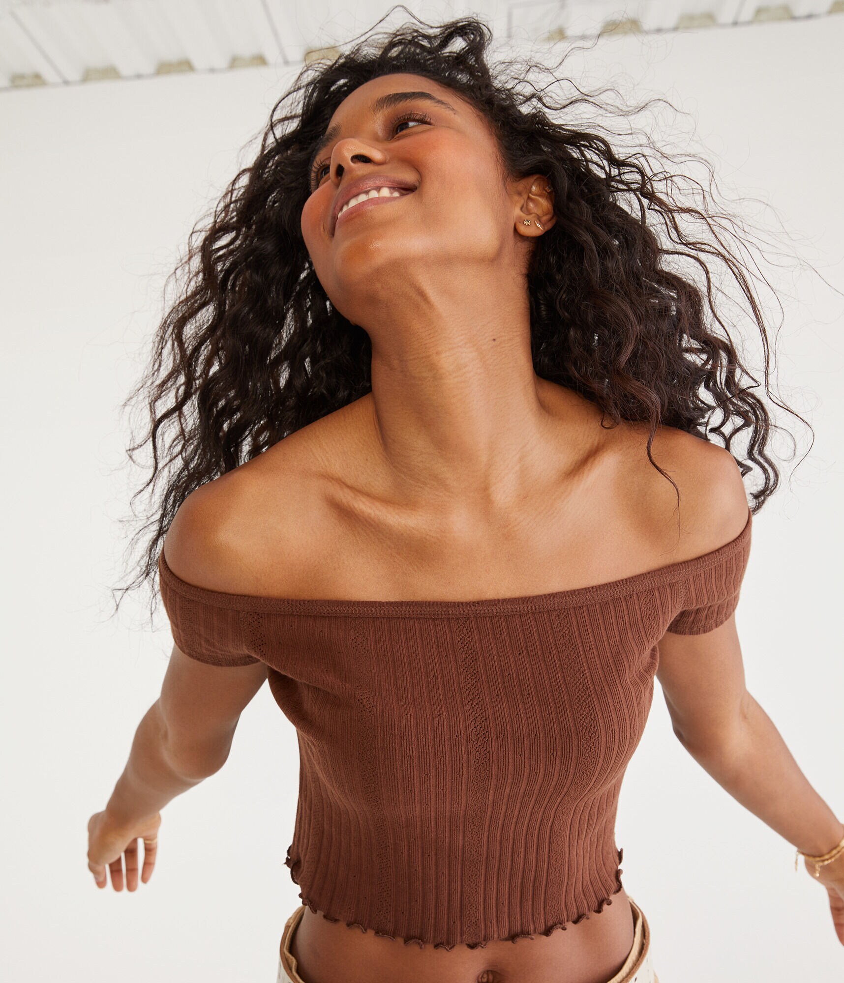 Pointelle Off-The-Shoulder Cropped Baby Tee