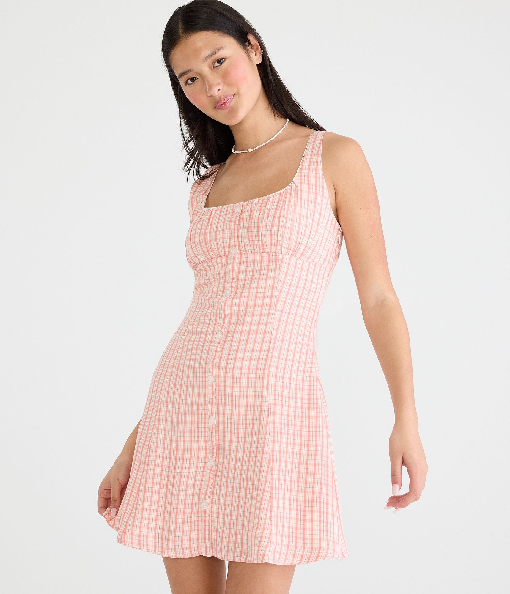 Plaid Square-Neck Button-Front A-Line Mini Dress