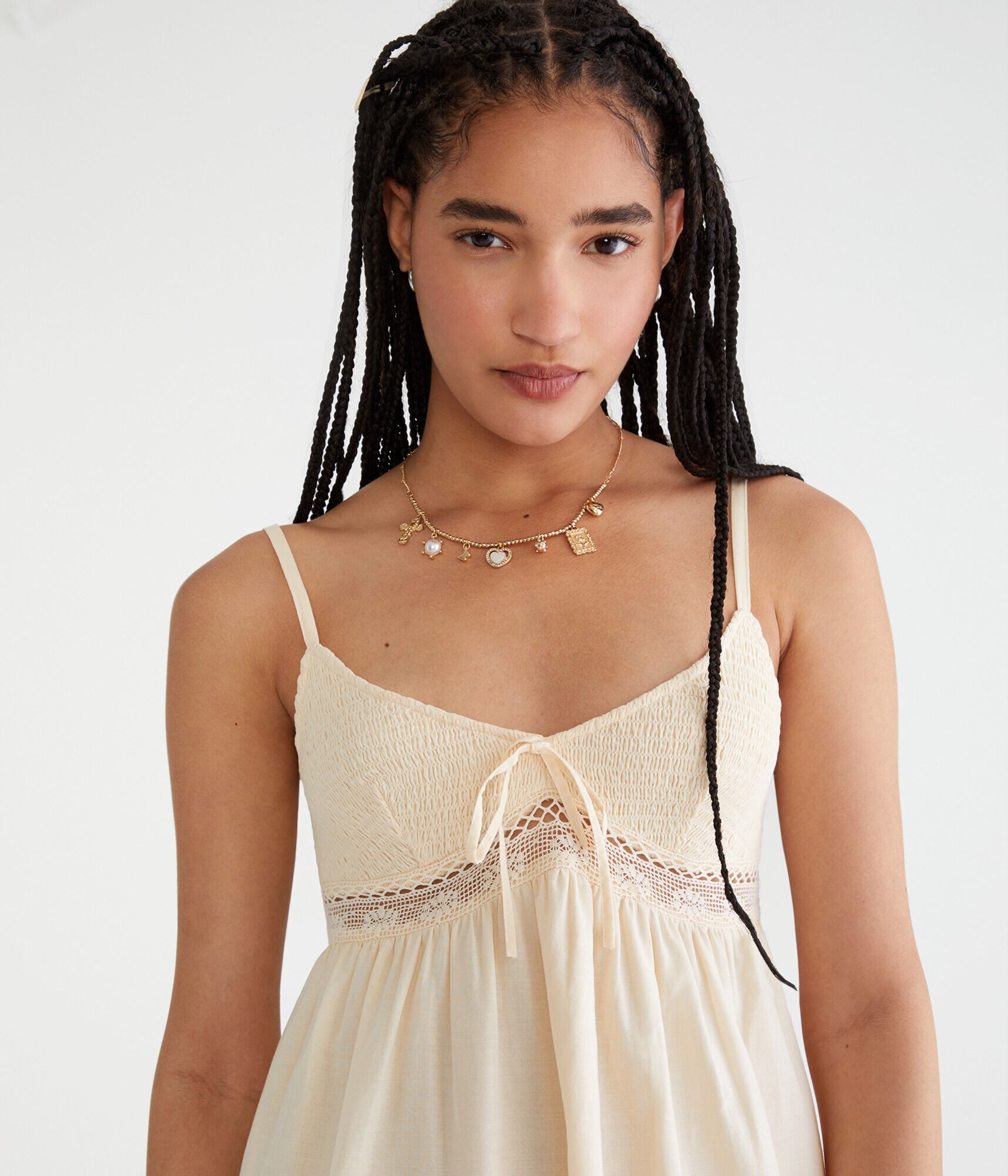 Solid V-Neck Lace-Trim Babydoll Dress