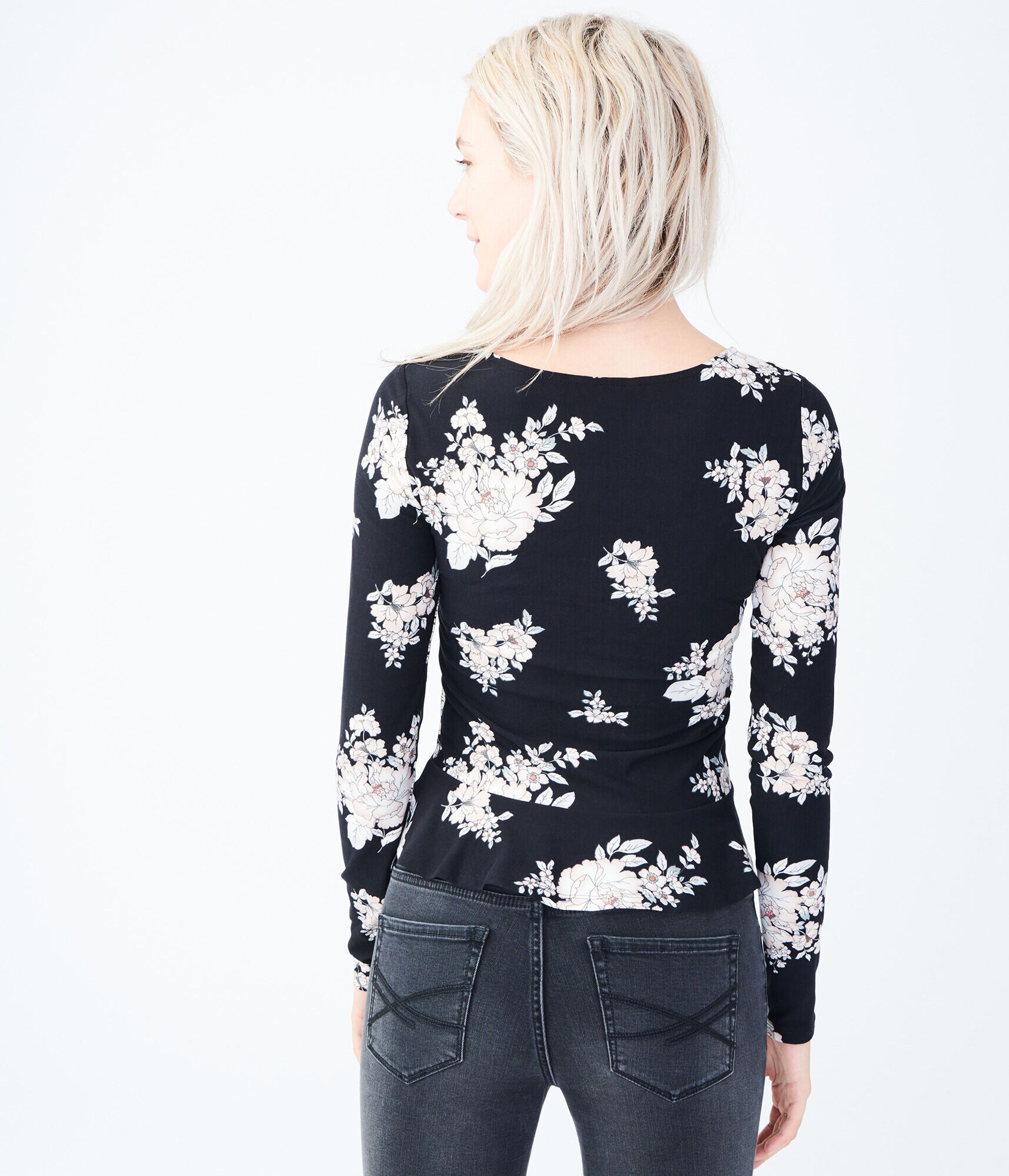 Long Sleeve Floral Lace-Up Peplum Top