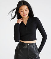 Long Sleeve Cropped Hooded Waffle Henley