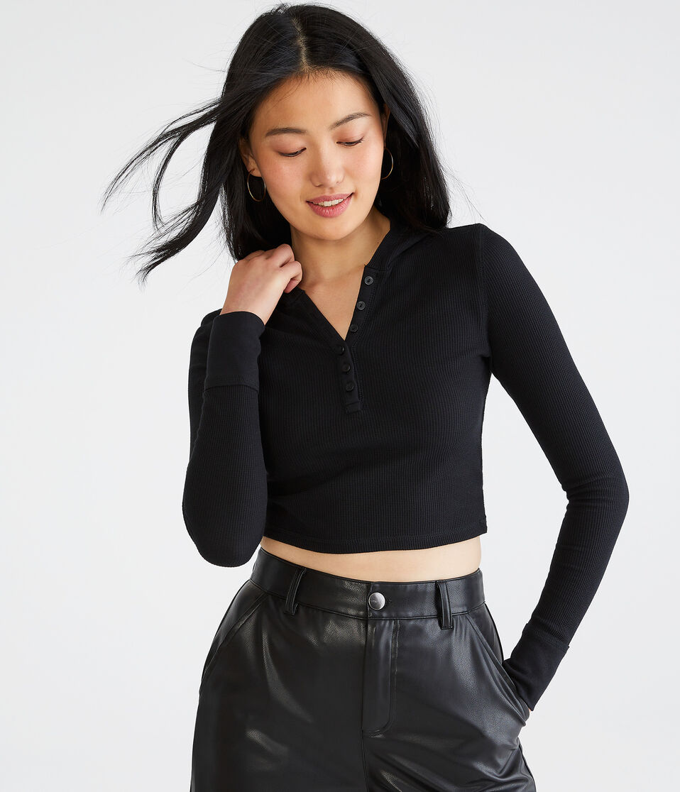 Long Sleeve Cropped Hooded Waffle Henley