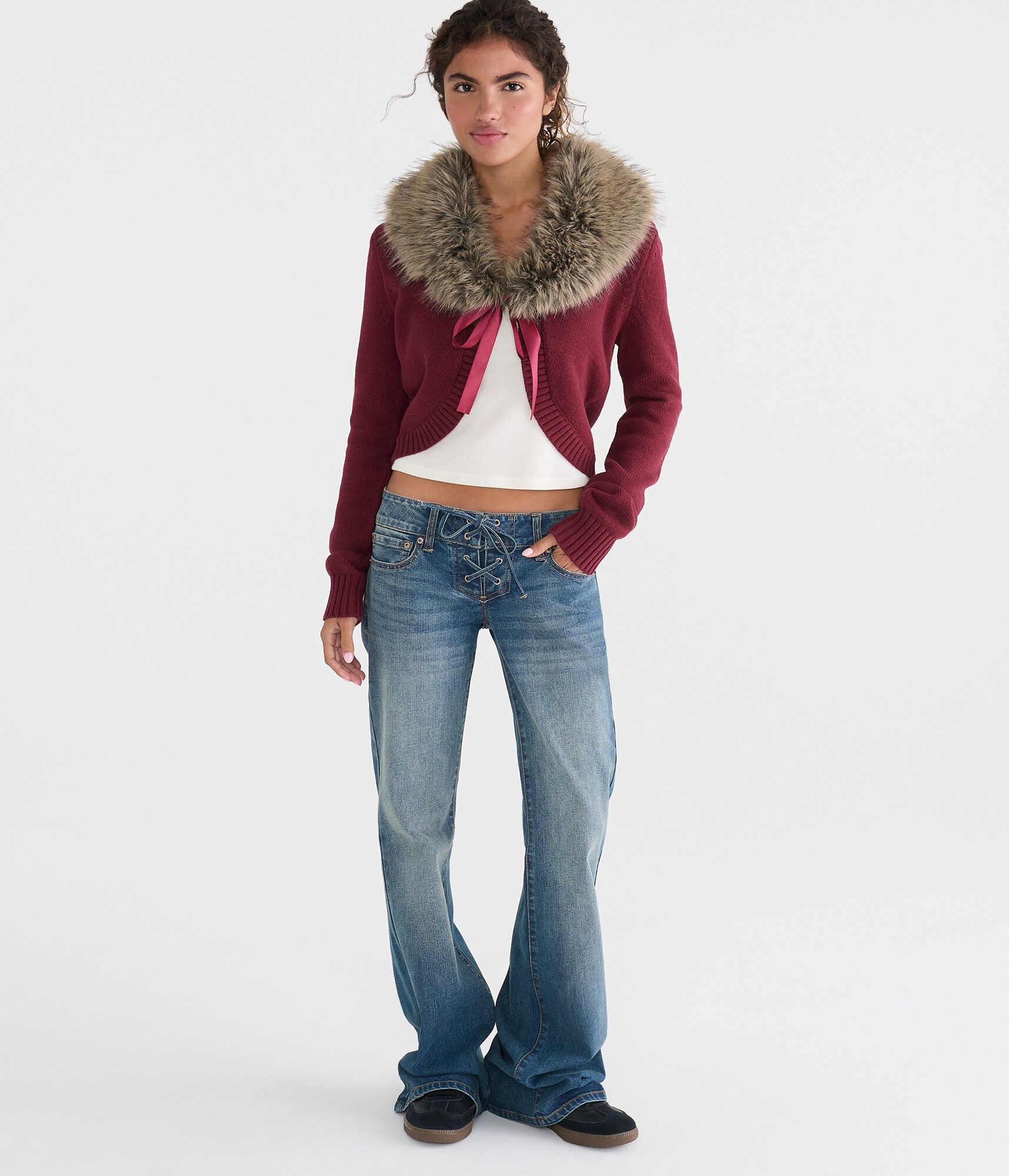 Long Sleeve Faux Fur-Trimmed Sweater Shrug