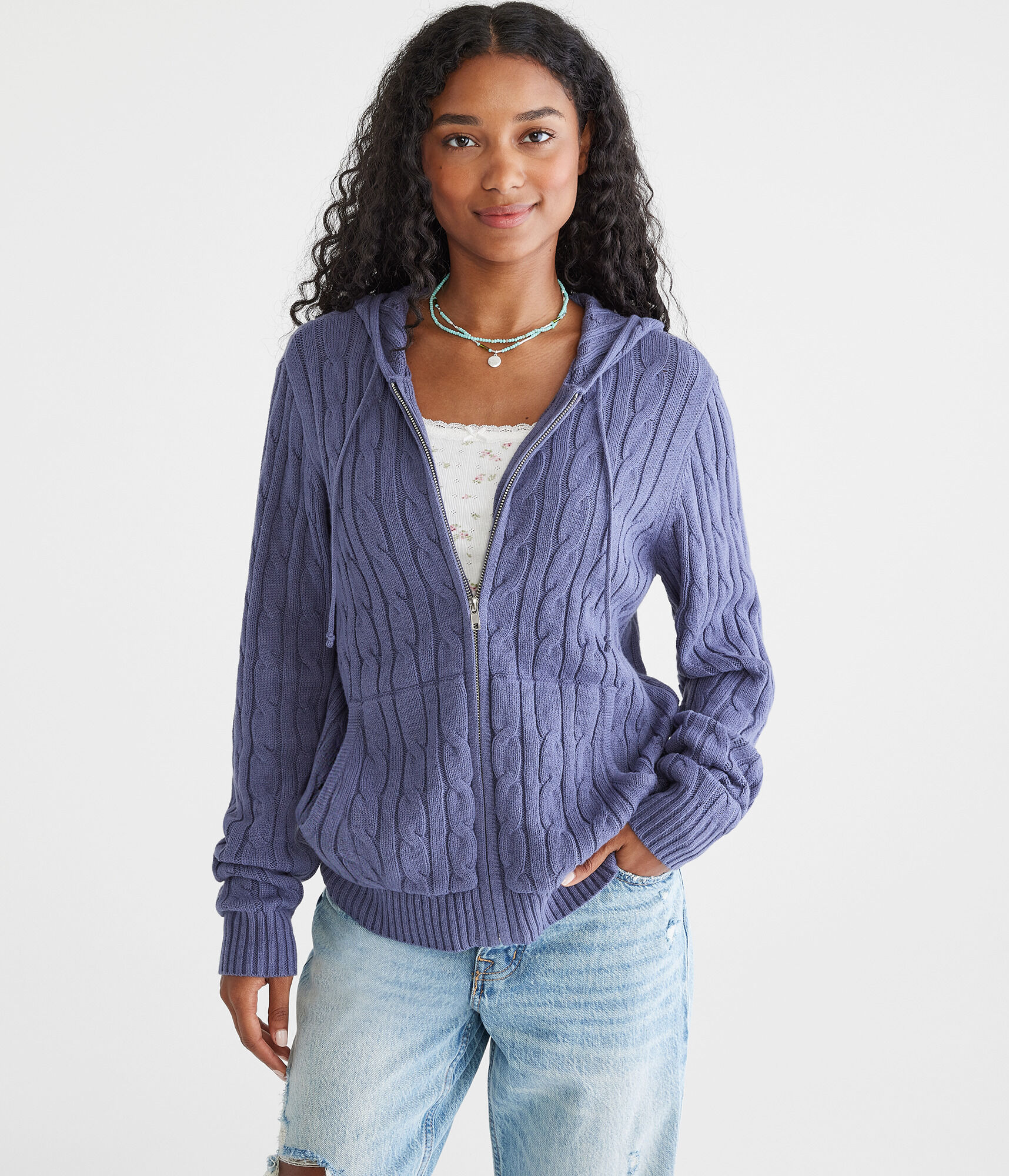 Hooded Full-Zip Cable Cardigan