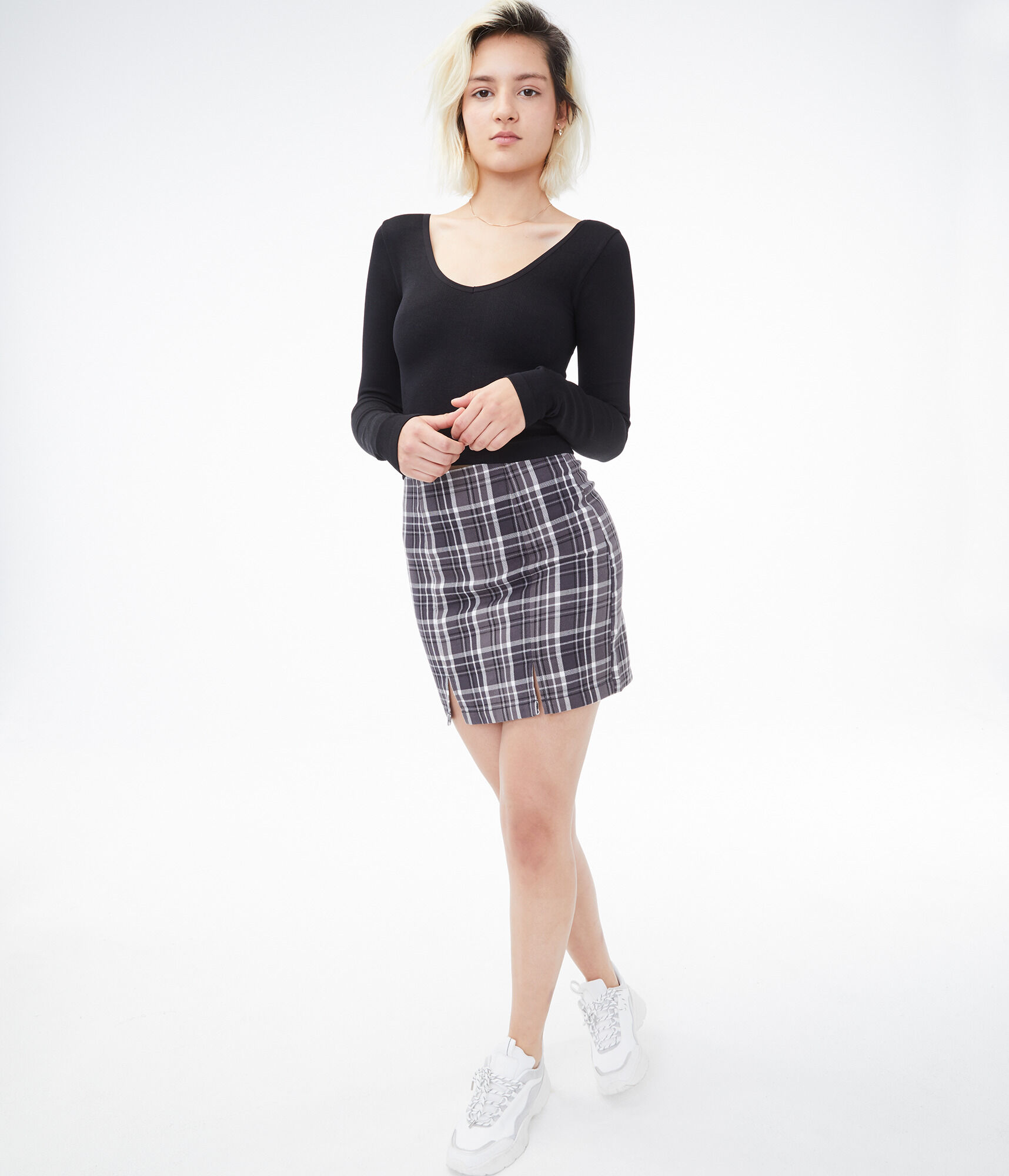 Plaid Notched-Hem Skirt