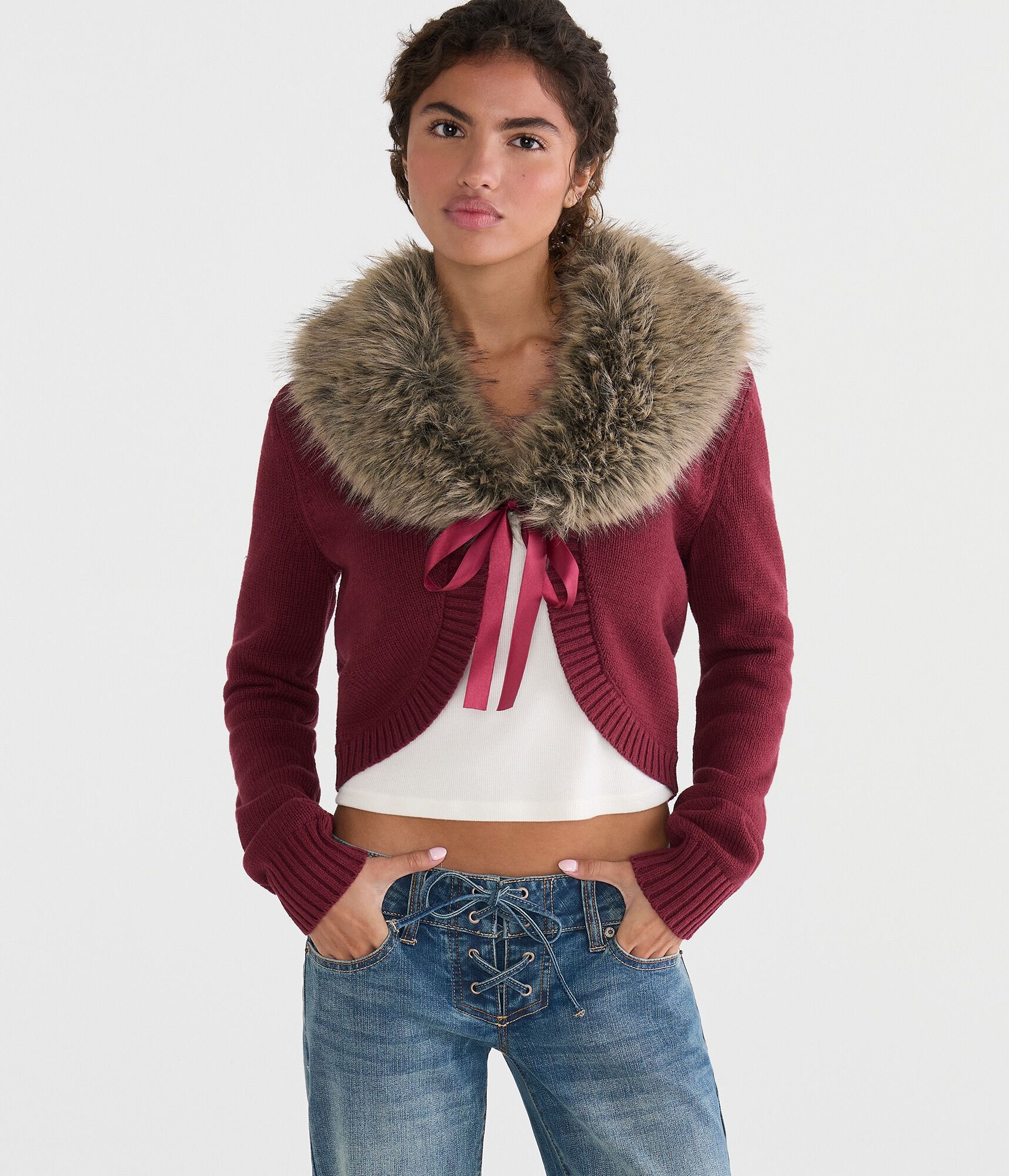 Long Sleeve Faux Fur-Trimmed Sweater Shrug