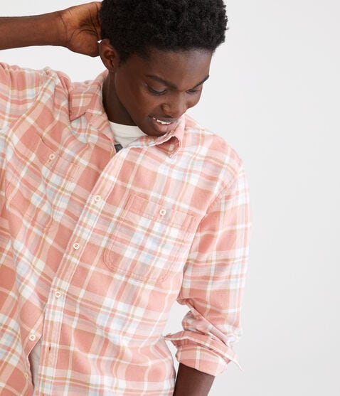 Long Sleeve Relaxed Washed Plaid Flannel Shirt