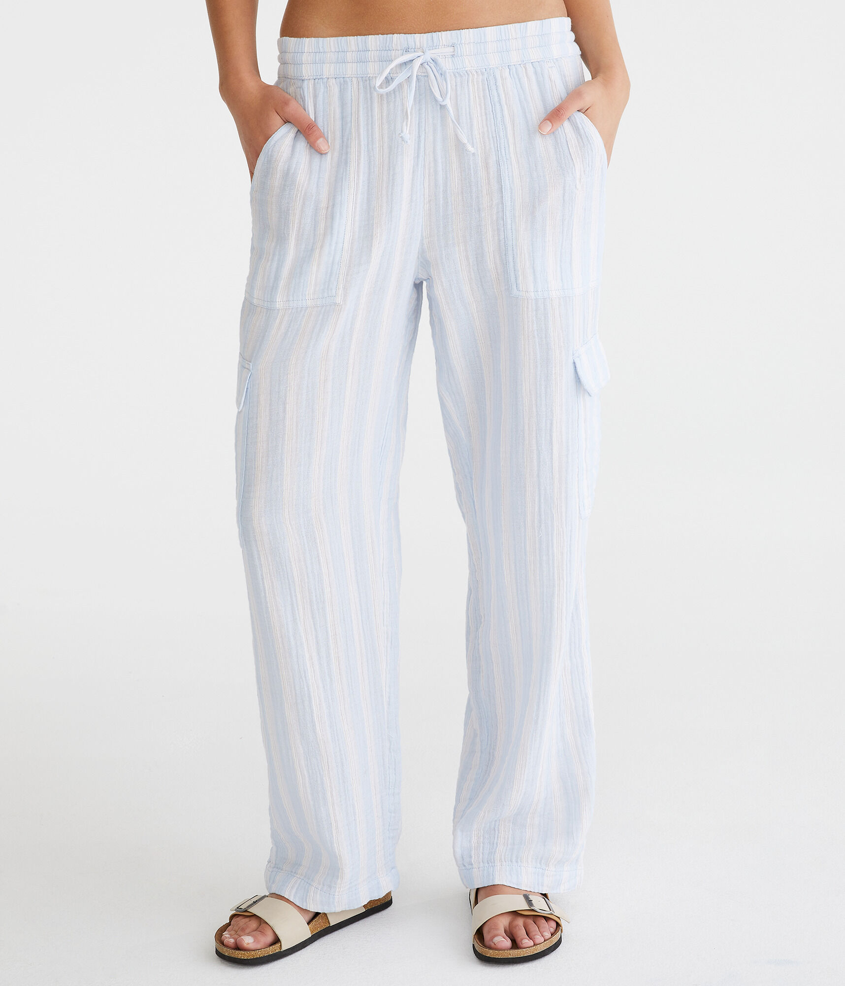 Striped Gauze Wide Leg Cargo Pants