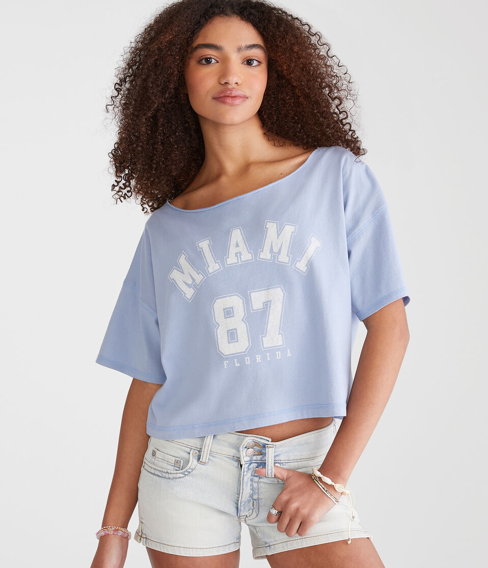 Miami 87 Off-The-Shoulder Cropped Boyfriend Graphic Tee