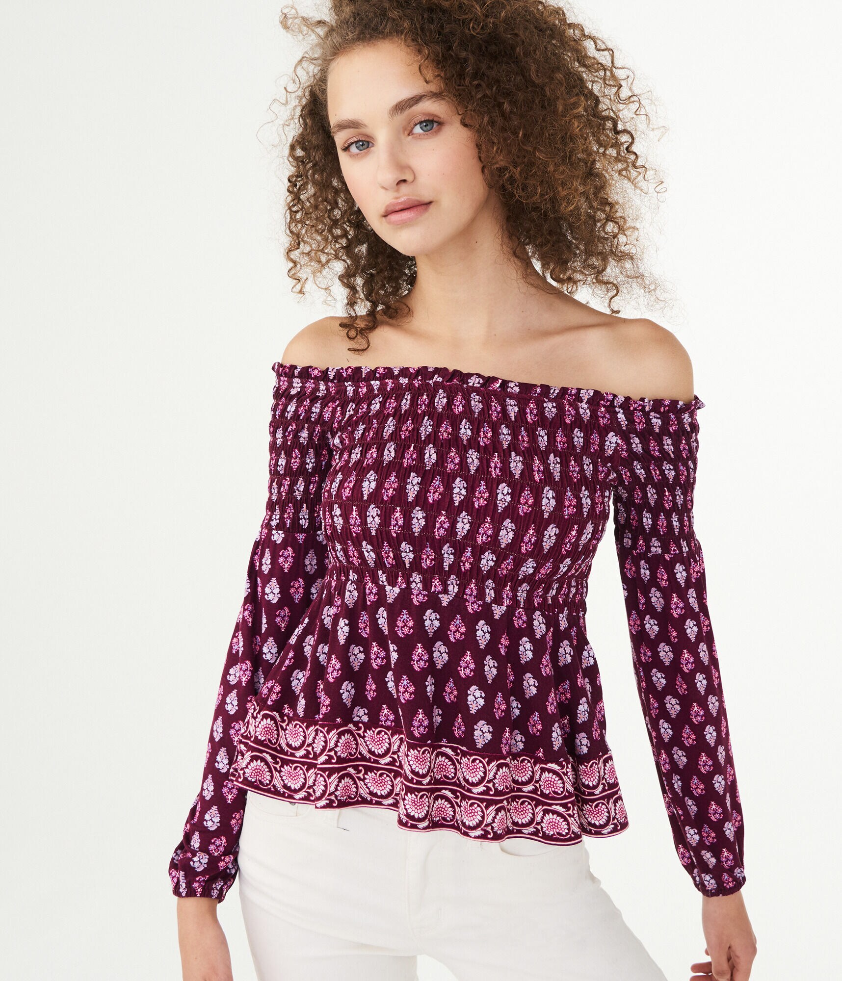 Long Sleeve Paisley Flower Smocked Off-The-Shoulder Top
