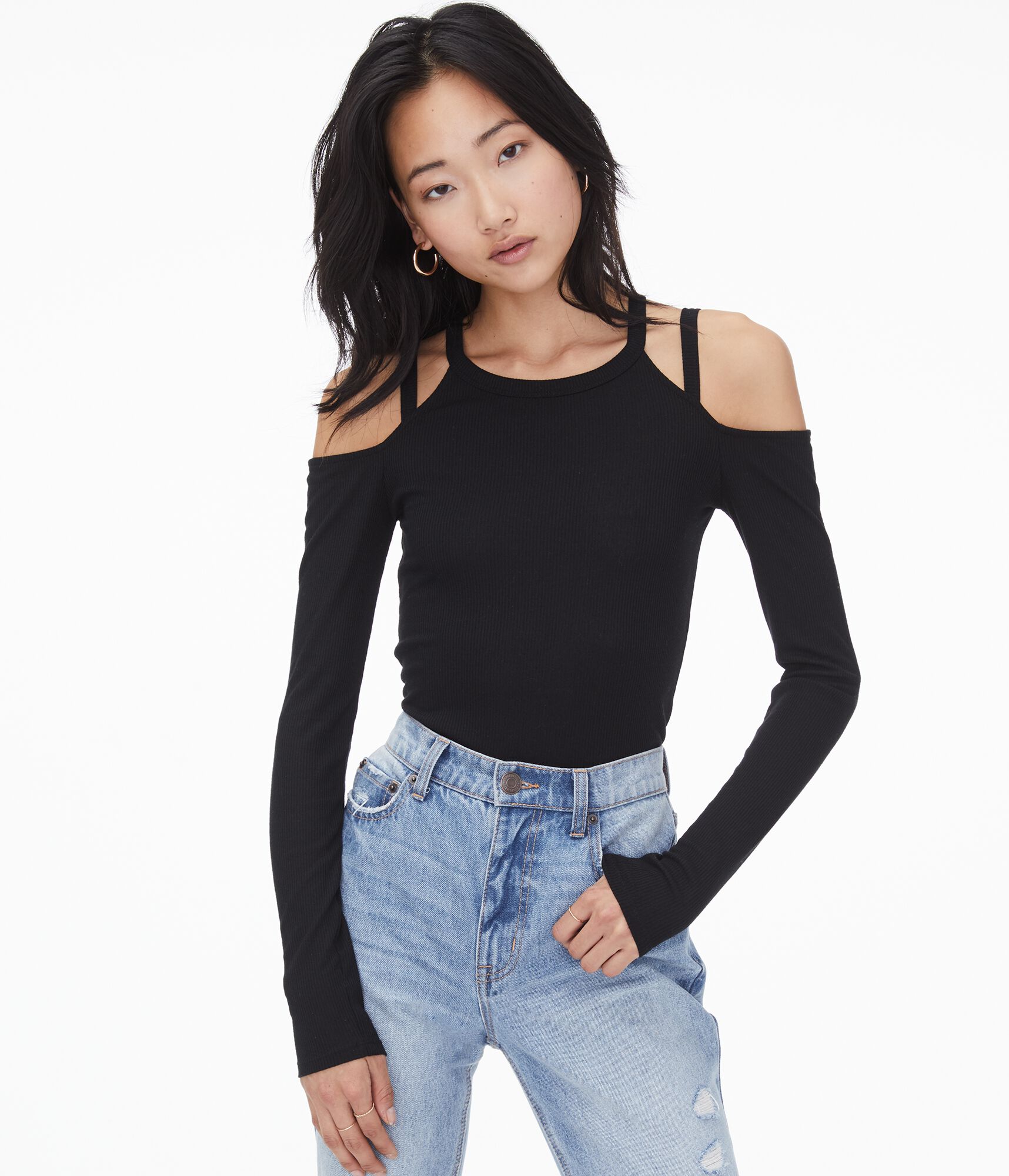 Long Sleeve Seriously Soft Strappy Cold-Shoulder Bodycon Tee***