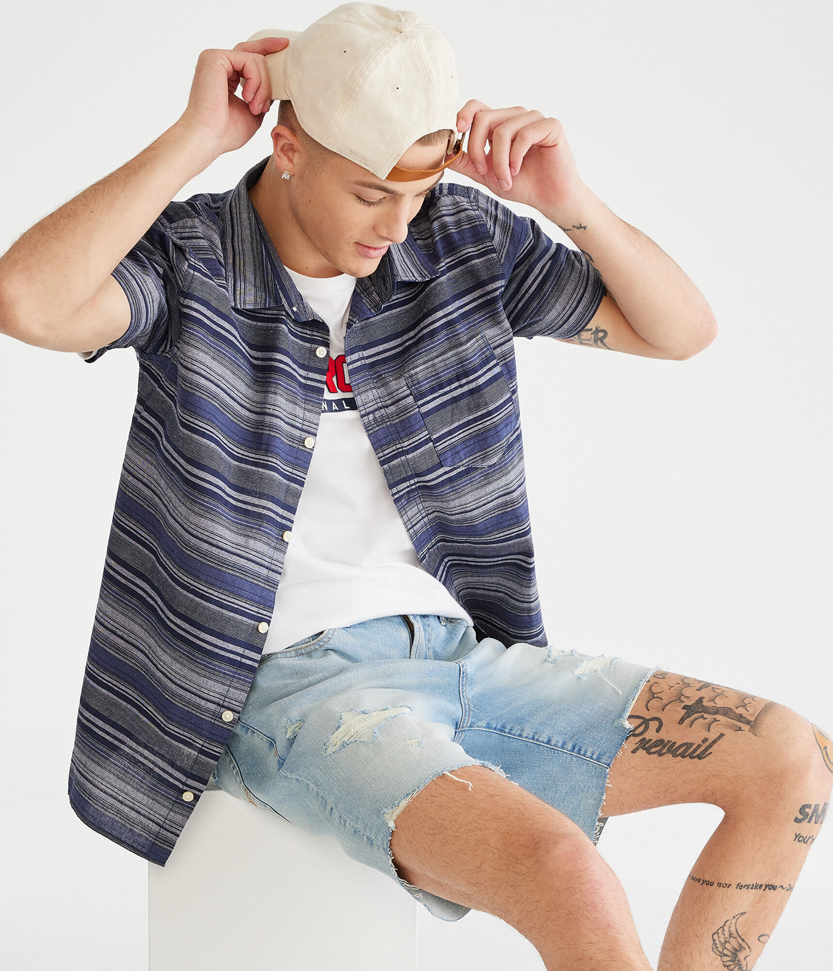 Horizontal Stripes Relaxed Hemp Button-Down Shirt