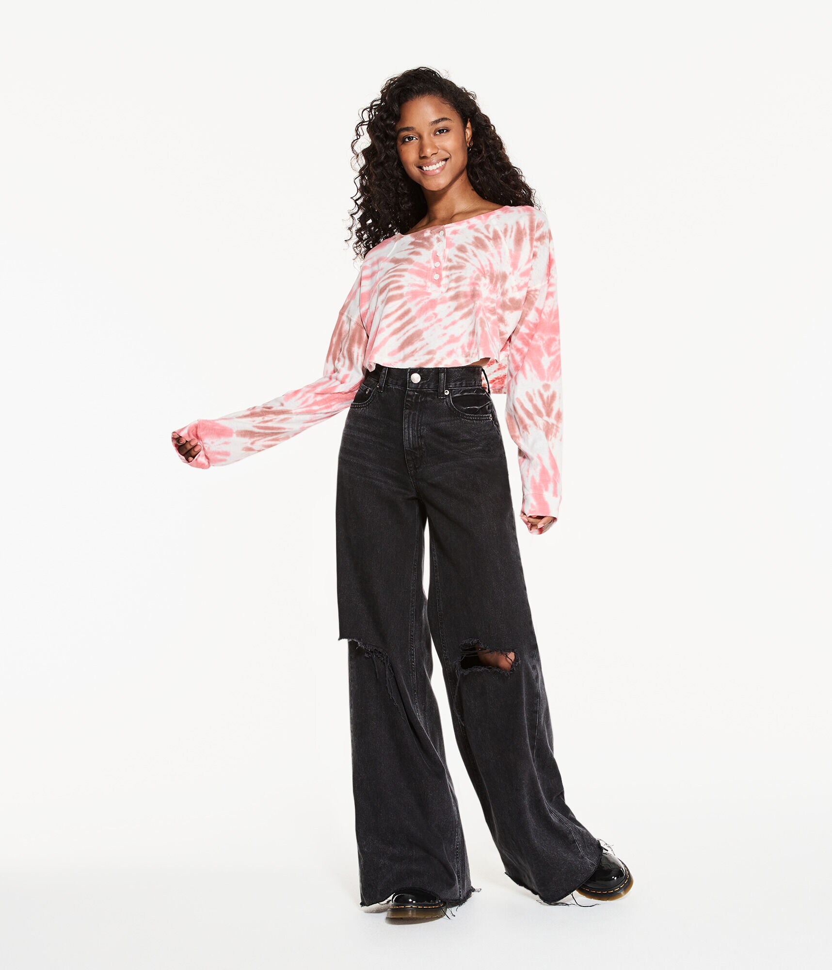 Long Sleeve Tie-Dye Oversized Cropped Henley Tee