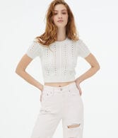 Short Sleeve Cable-Knit Cropped Crew Sweater