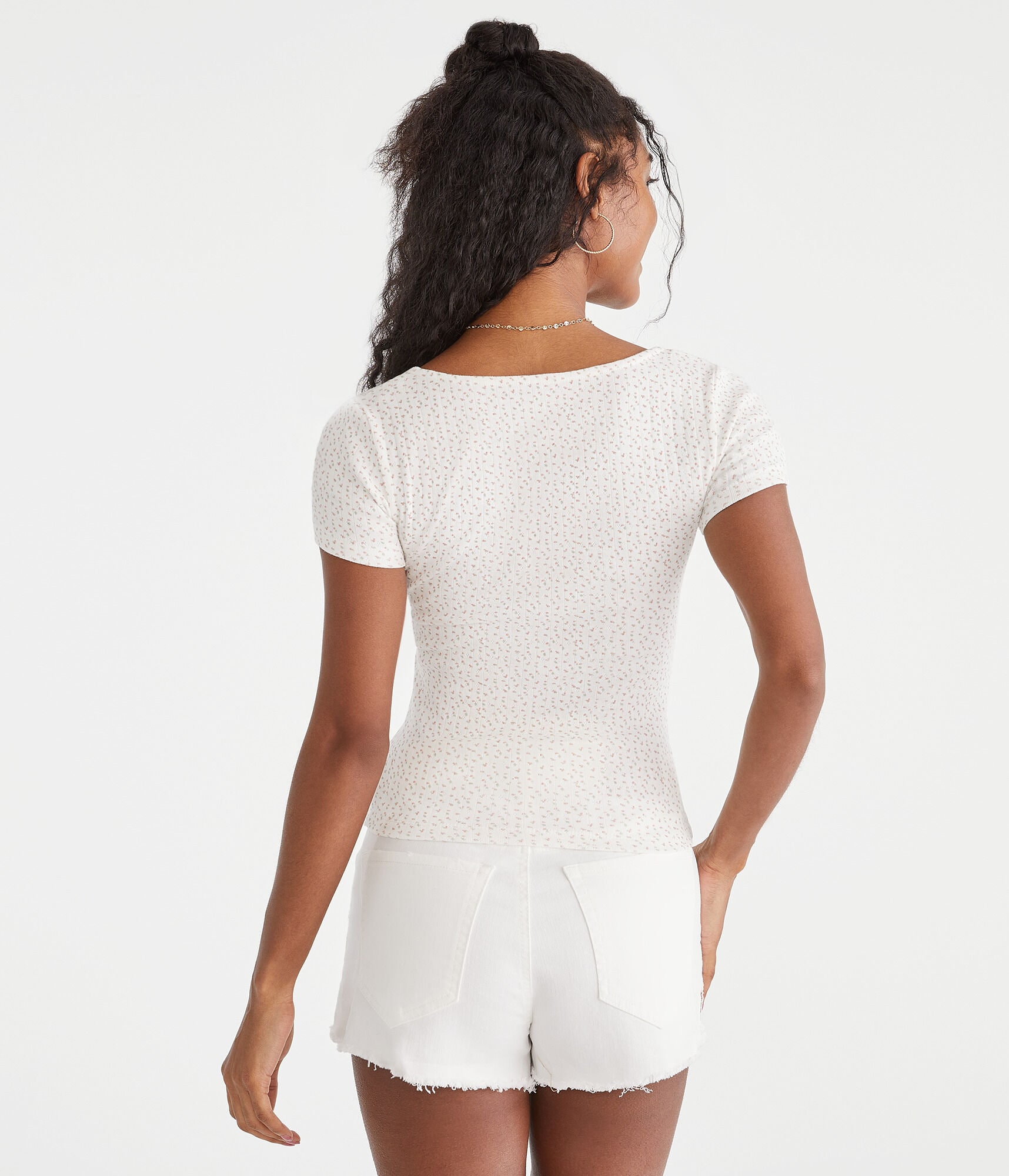 Floral Pointelle Cinch V-Neck Top