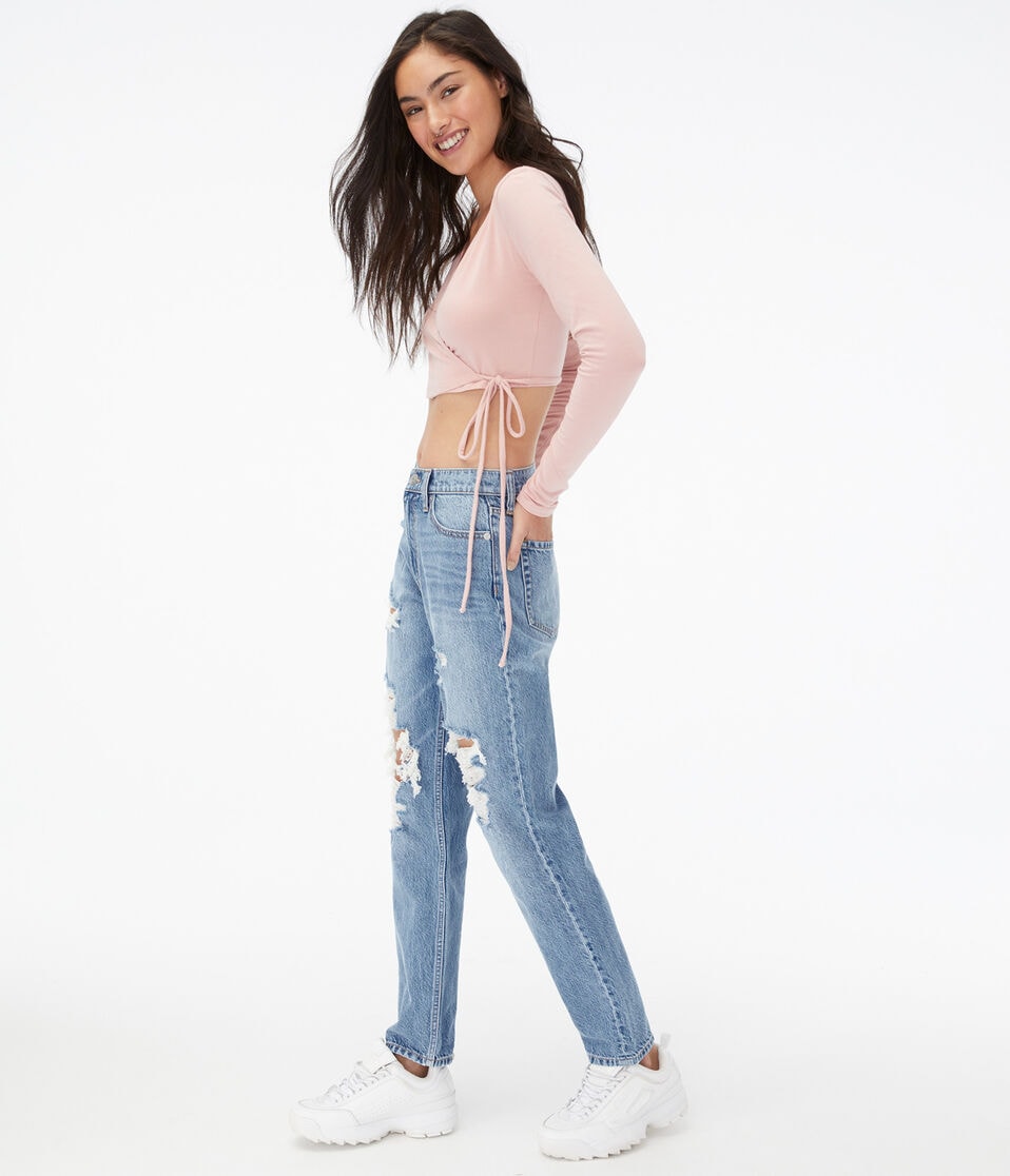Long Sleeve Seriously Soft Wrap-Front Tie Crop Top