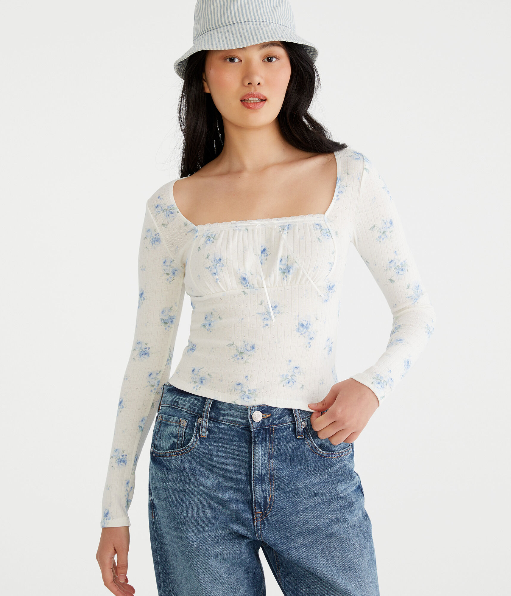 eyeye★大人気★FLORAL POINTELLE TOP Long Sleeve Floral Ruched Pointelle Top