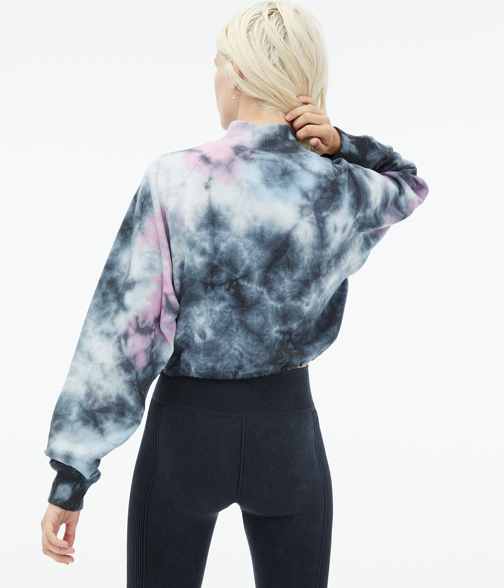 Tie-Dye Cinched Cropped Mock-Neck Sweatshirt