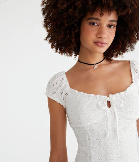 Solid Scoop-Neck Eyelet Empire Mini Dress Solid Scoop-Neck Eyelet Empire Mini Dress