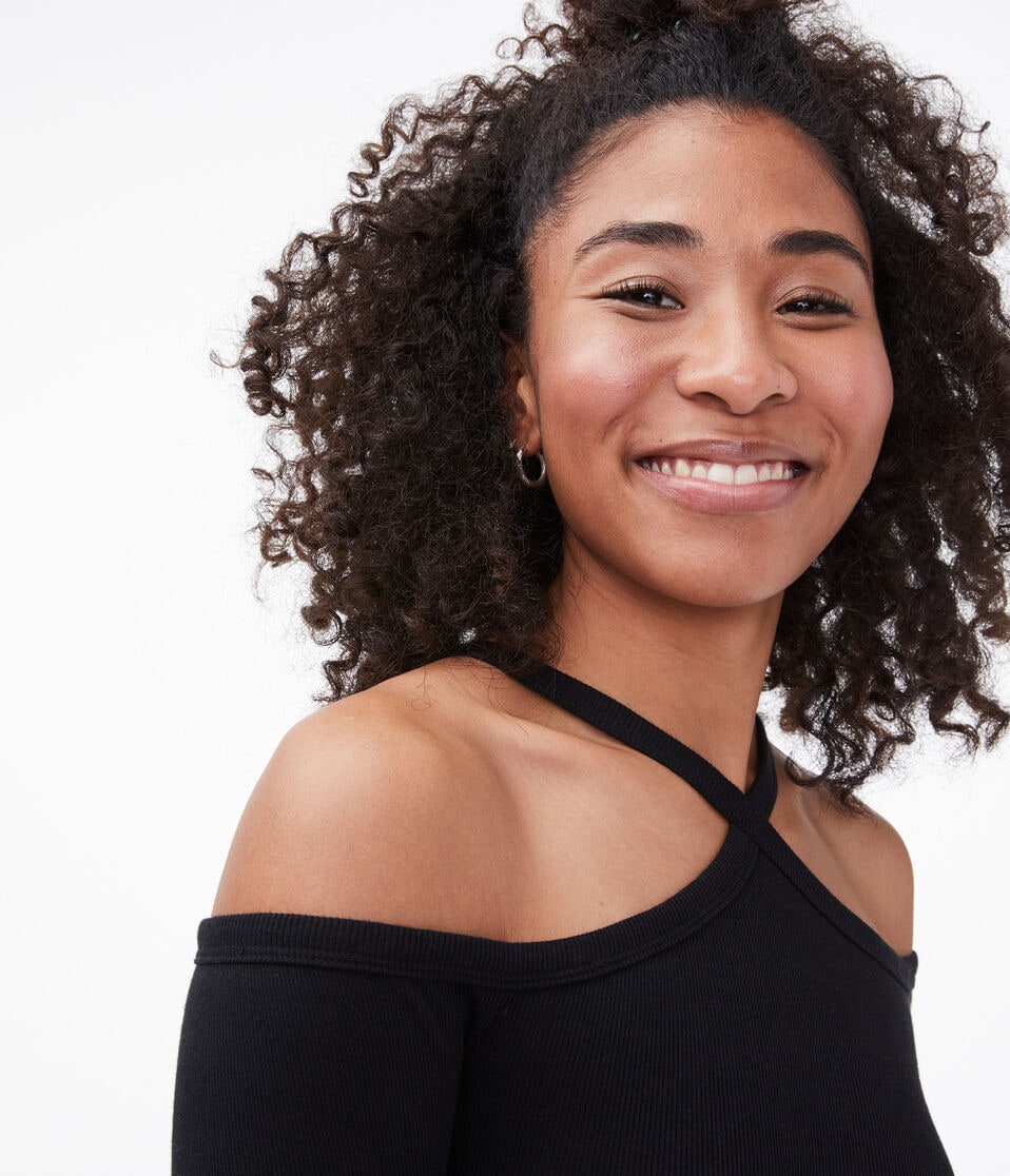 Long Sleeve Cold-Shoulder Diamond-Neck Bodycon Top