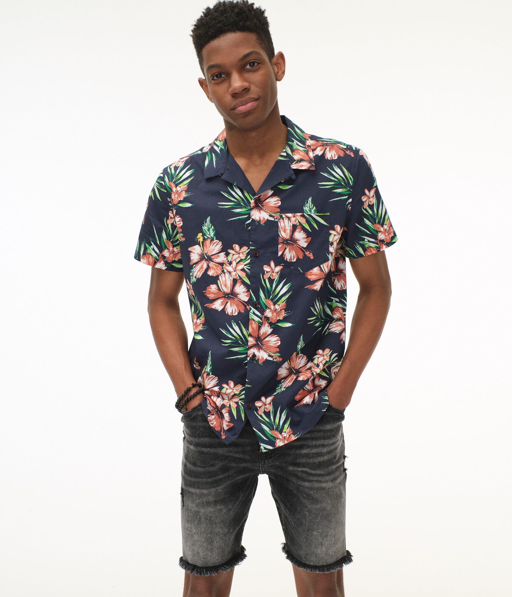 Tropical Print Button-Down Resort Shirt