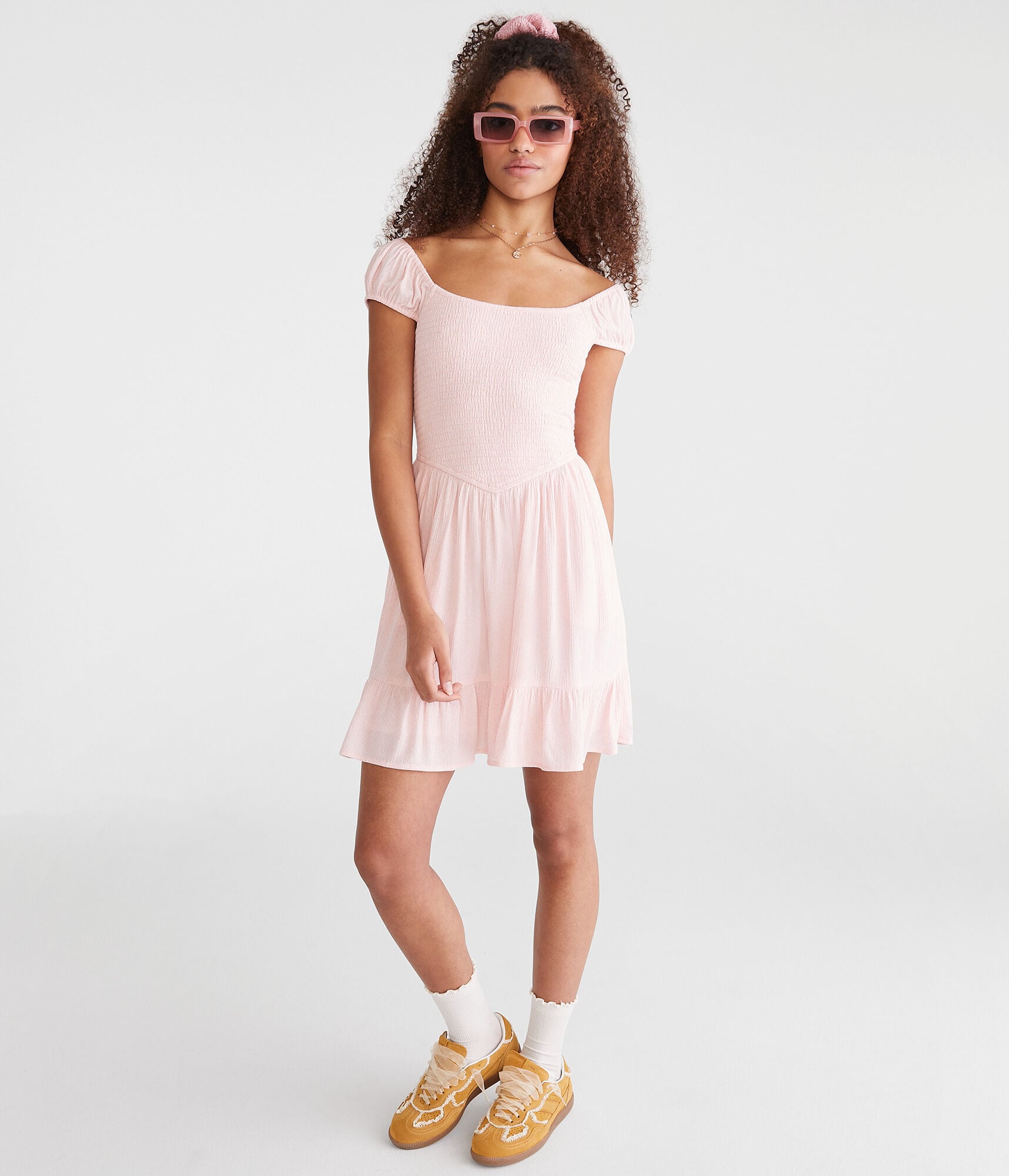 Floral Scoop-Neck Smocked V-Waist Mini Dress