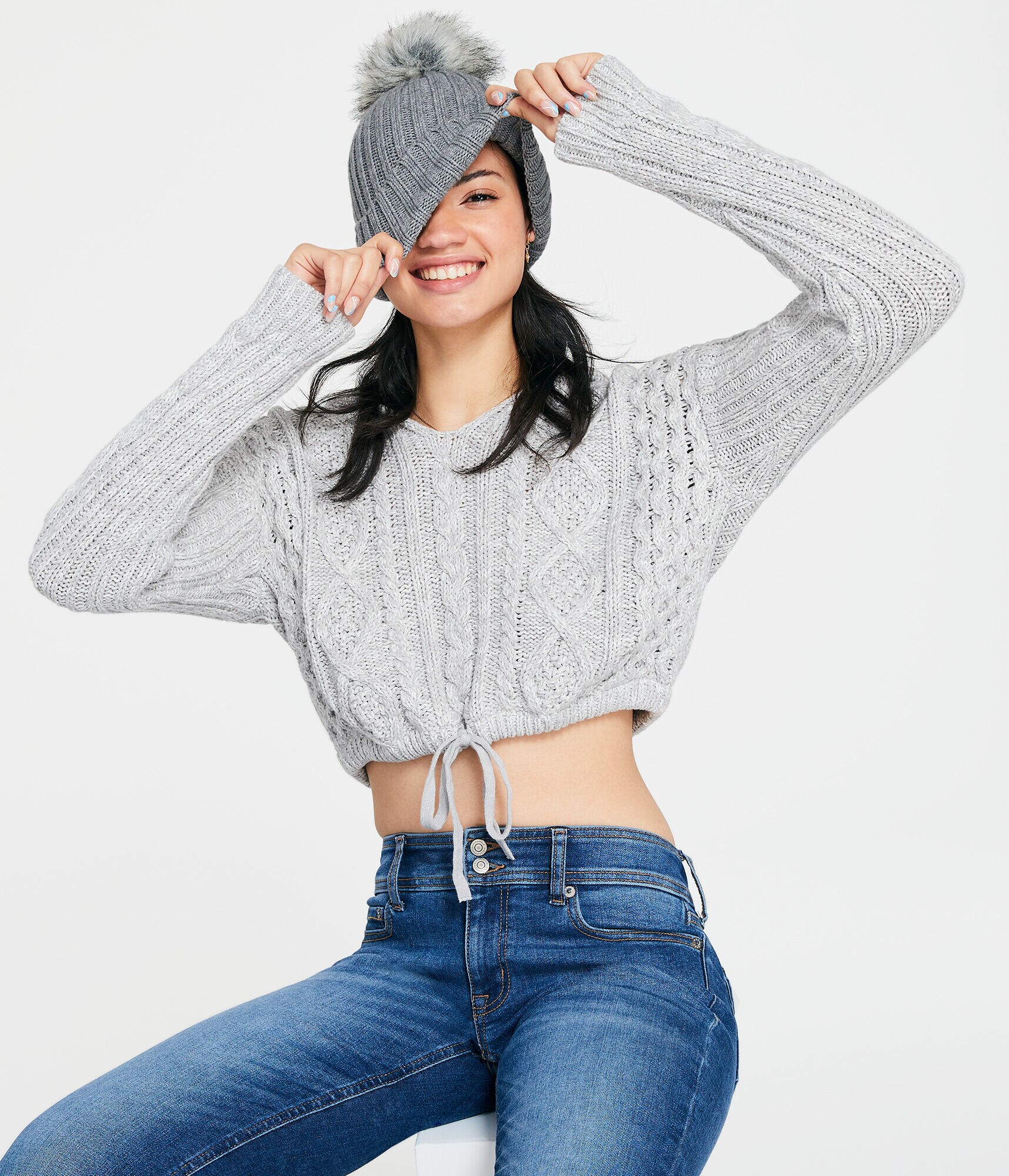 Hooded Cable-Knit Cropped Sweater