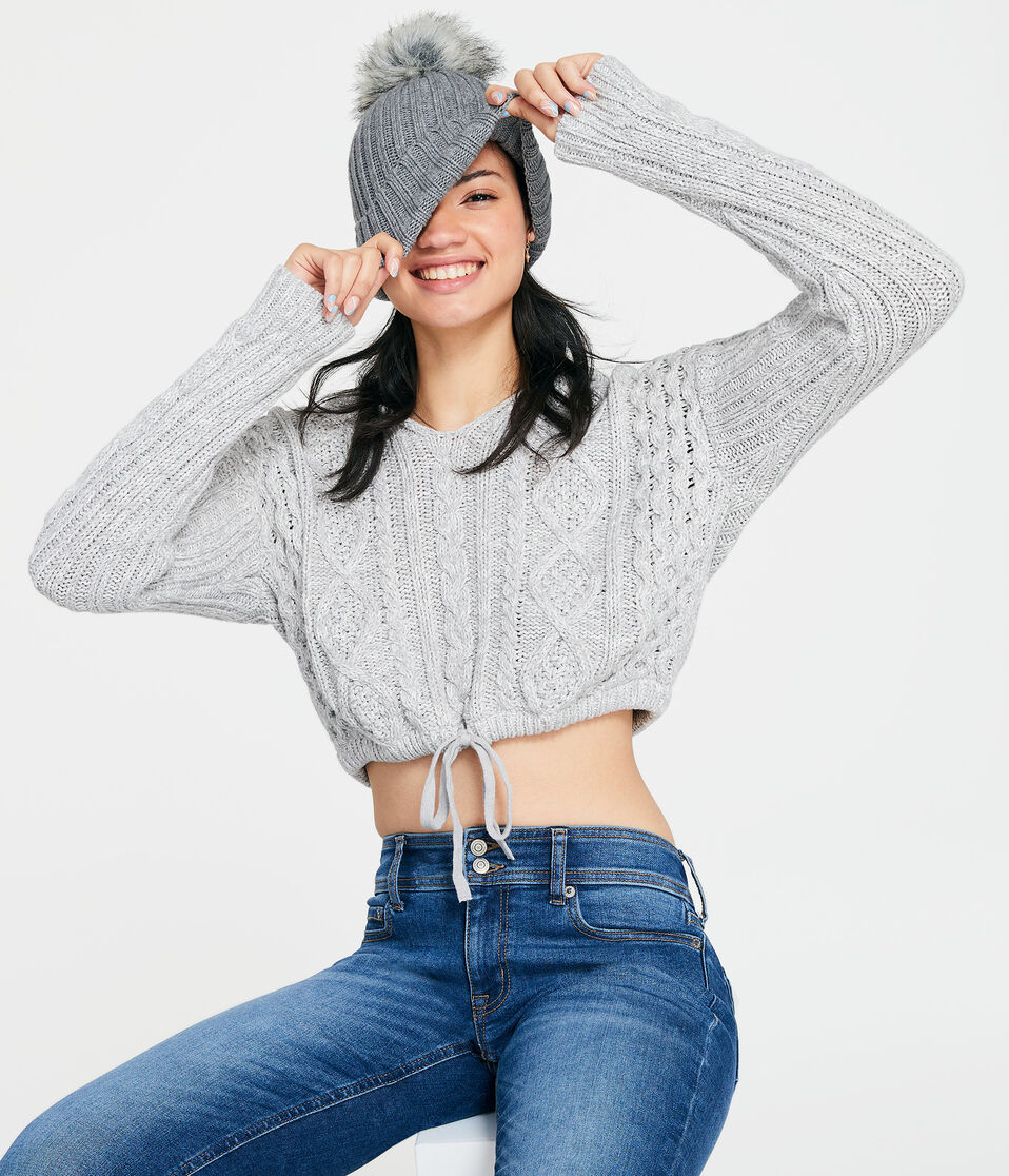 Hooded Cable-Knit Cropped Sweater