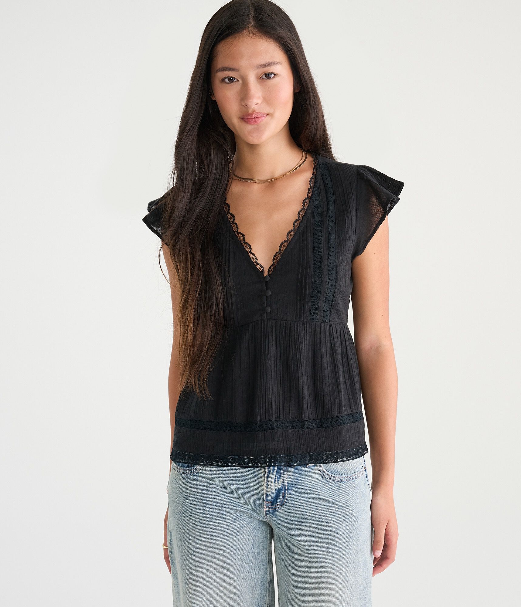 Lace &amp; Pintuck V-Neck Tie-Back Blouse