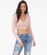 Long Sleeve Seriously Soft Wrap-Front Tie Crop Top