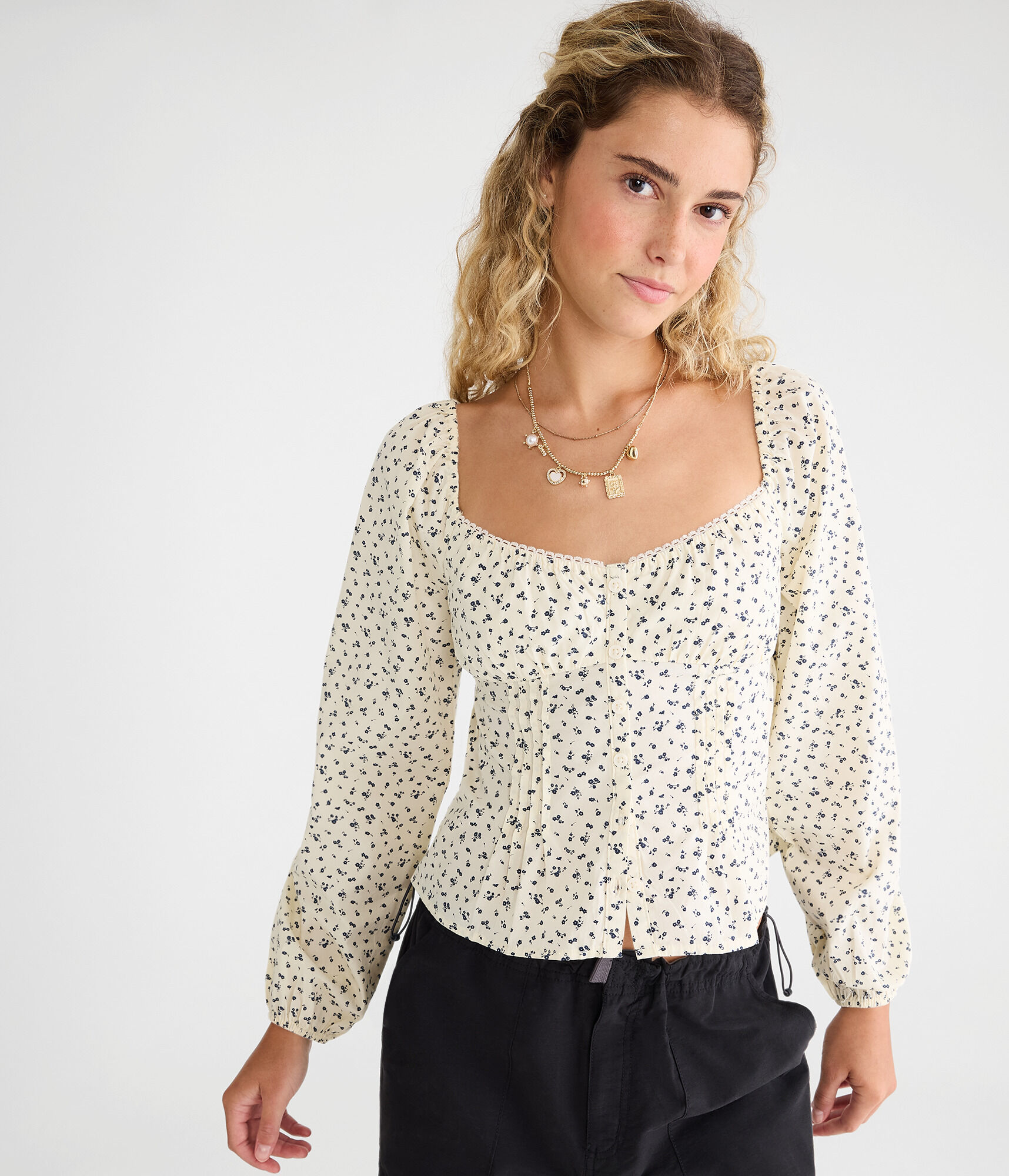 Long Sleeve Floral Pleated Babydoll Top